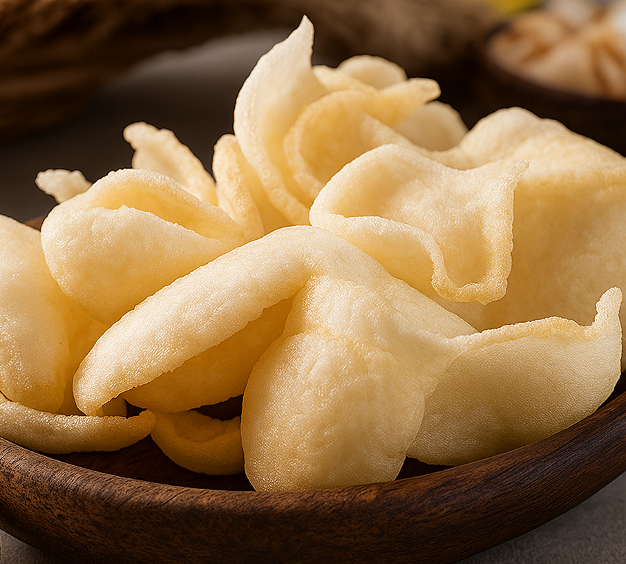 Assortment of private label plant-based crackers including rice, sweet potato, vegan shrimp, and cassava varieties for B2B manufacturing.