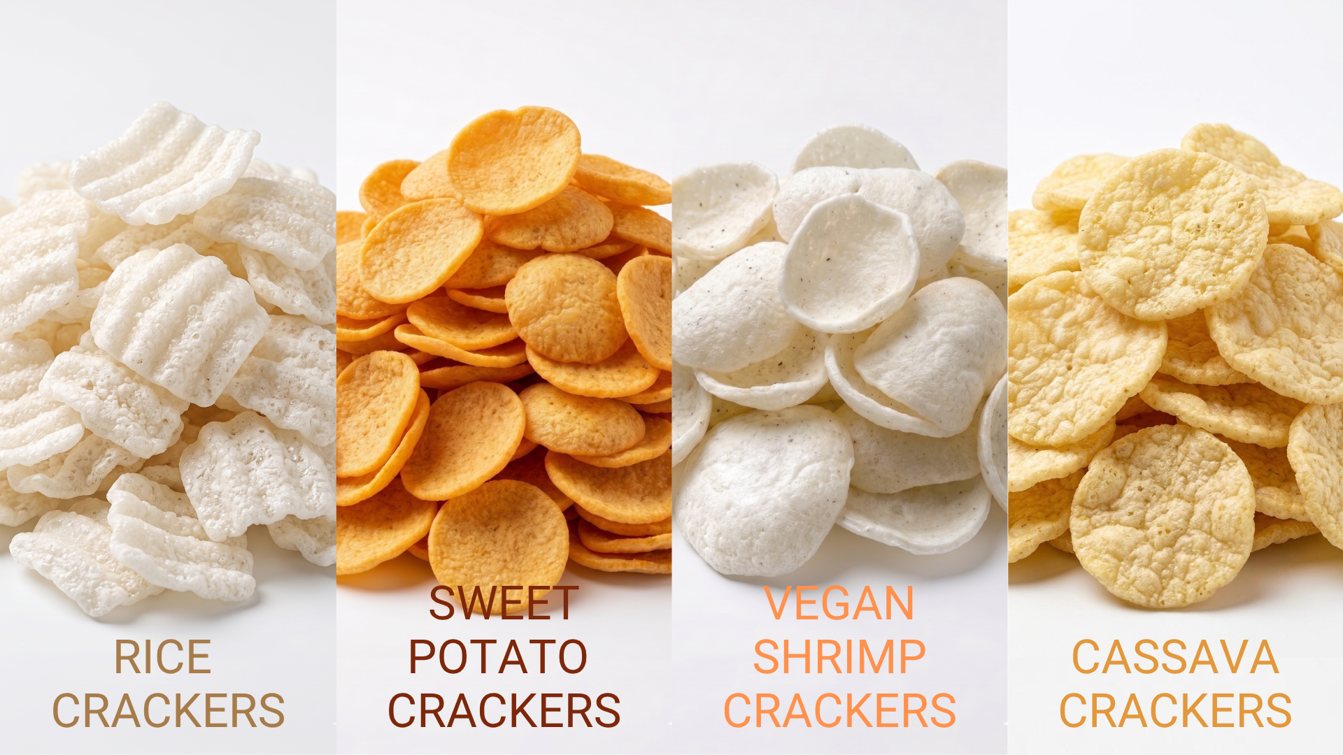 Assortment of private label plant-based crackers including rice, sweet potato, vegan shrimp, and cassava varieties for B2B manufacturing.
