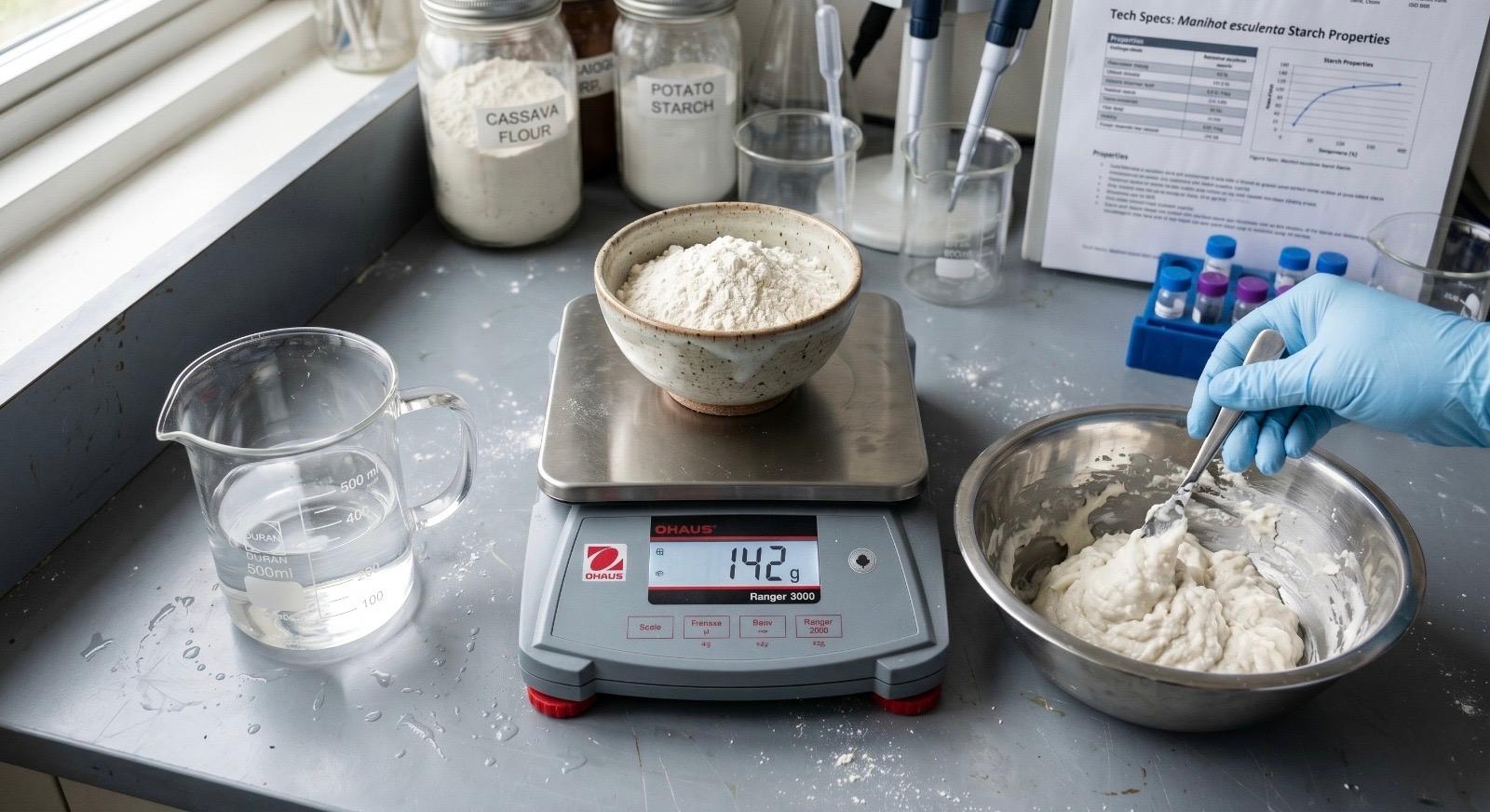 A food scientist measuring cassava flour and water ratio on a precision scale in a laboratory setting for gluten-free formulation testing