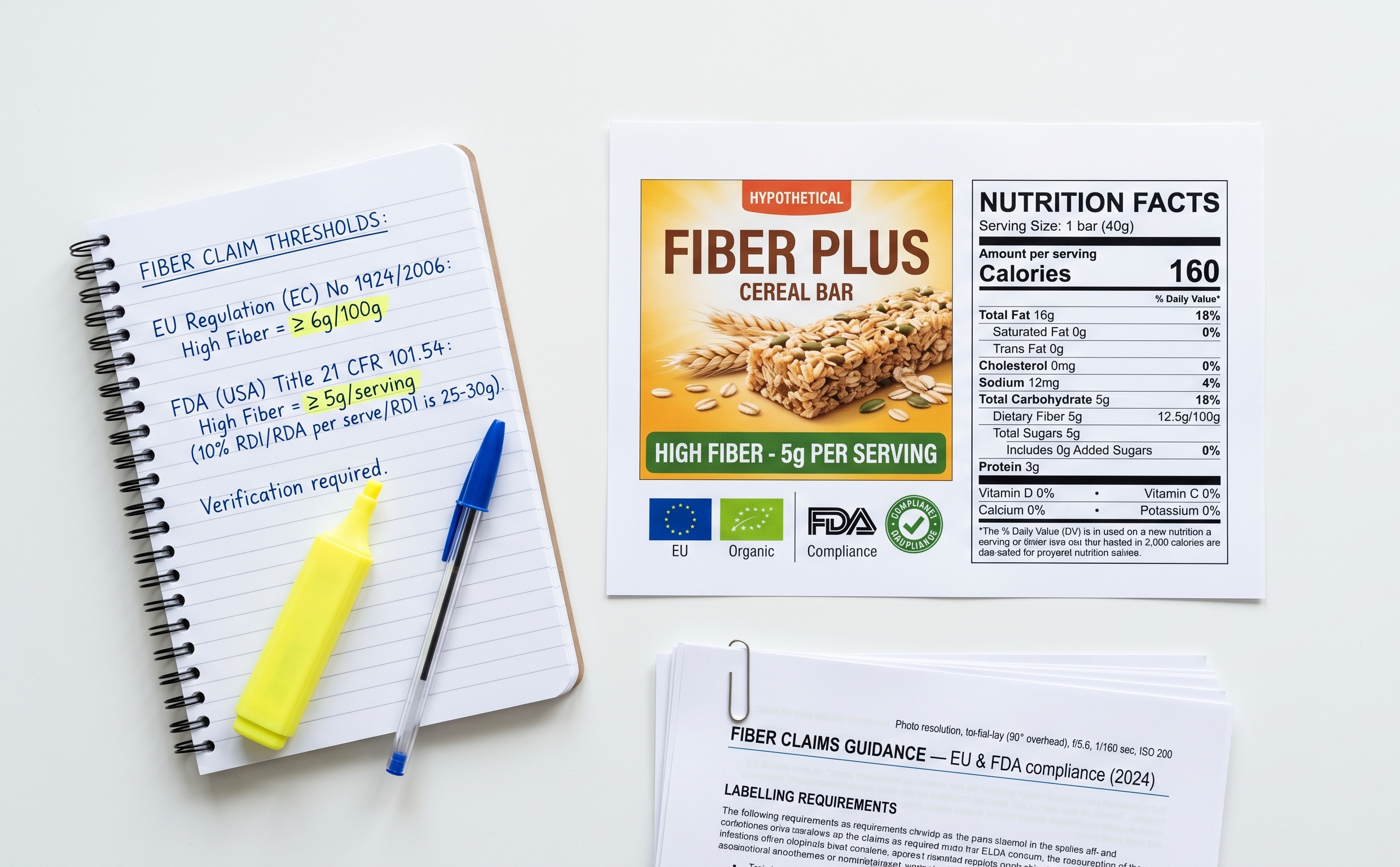 A nutrition label mockup showing a compliant high fiber claim alongside regulatory notes and EU and US food labeling guidelines for FMCG brands