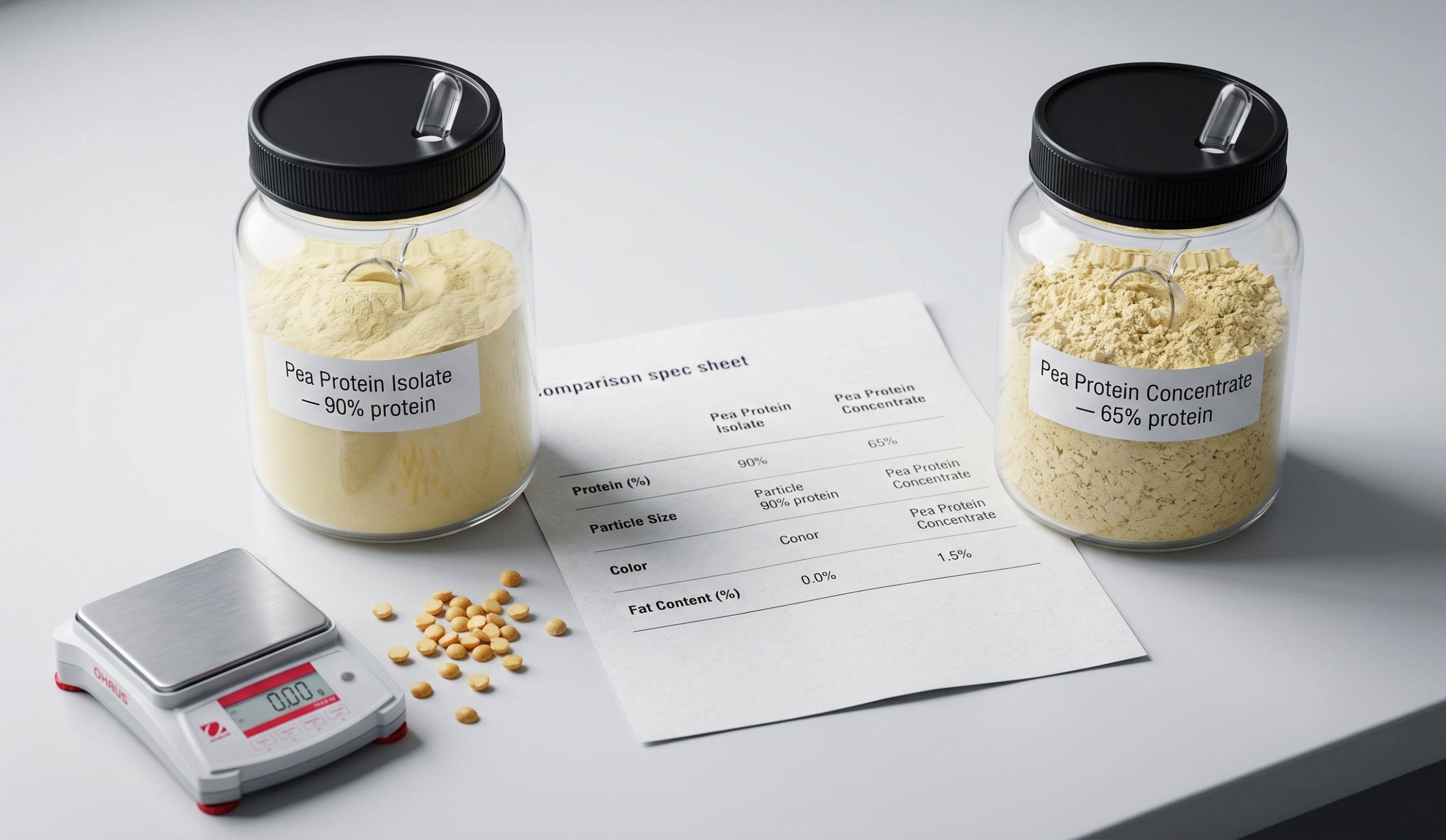 Two labeled glass jars of pea protein isolate and pea protein concentrate placed side by side with specification sheets for food formulation comparison