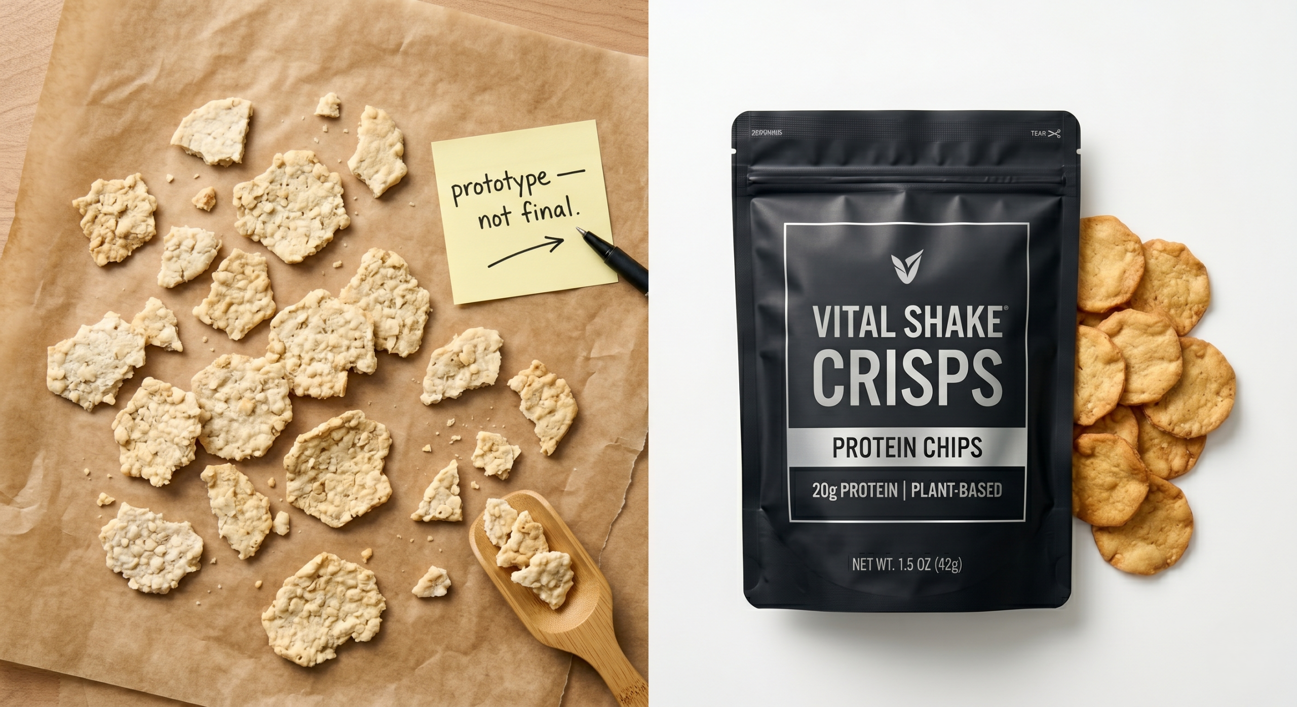 Side-by-side comparison of a rough food prototype and a polished shelf-ready private label healthy snack product in premium packaging