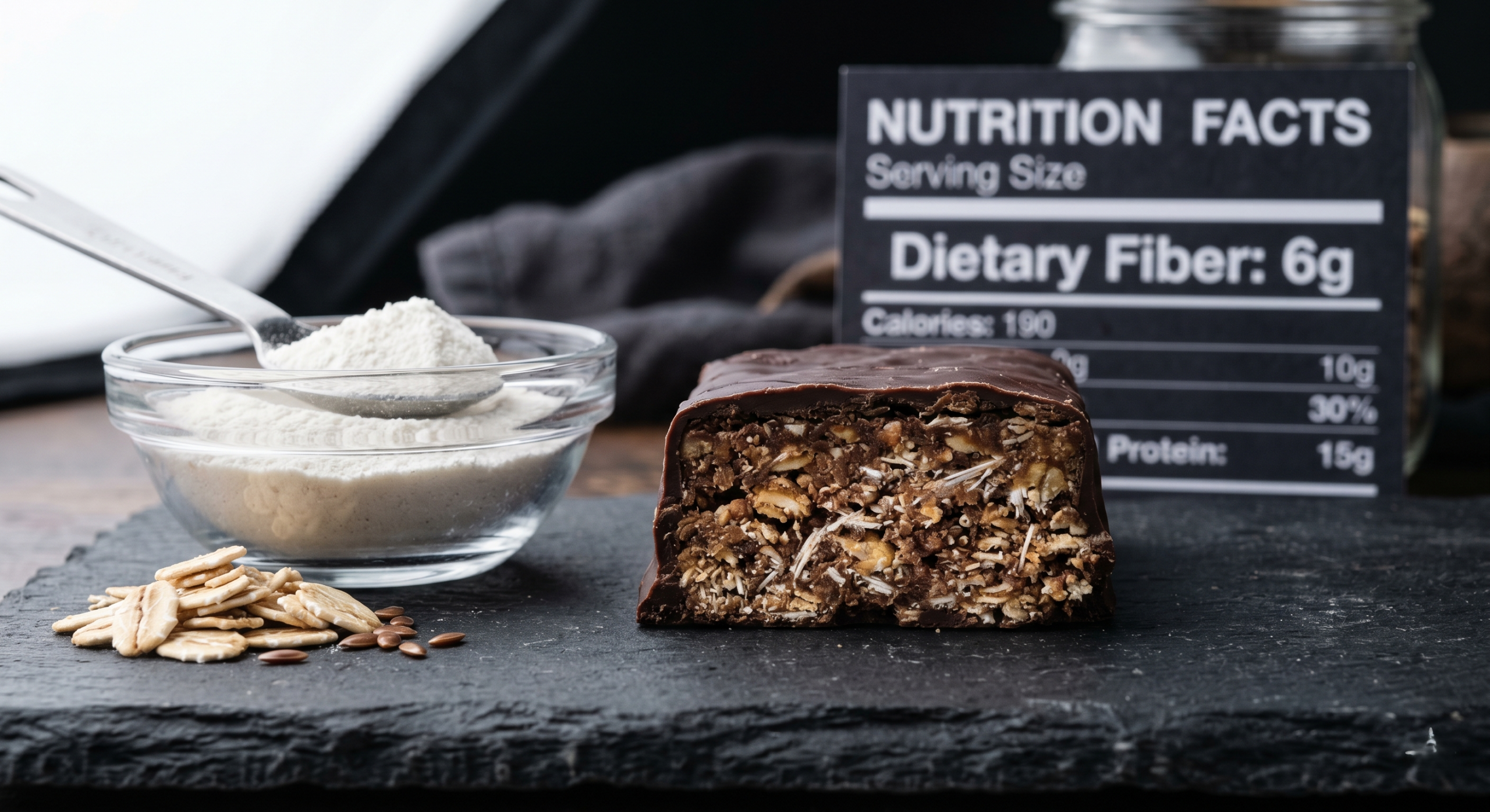 A cross-section of a high-fiber protein bar next to soluble tapioca fiber powder showing the ingredient used to achieve a 5g fiber claim in food formulation