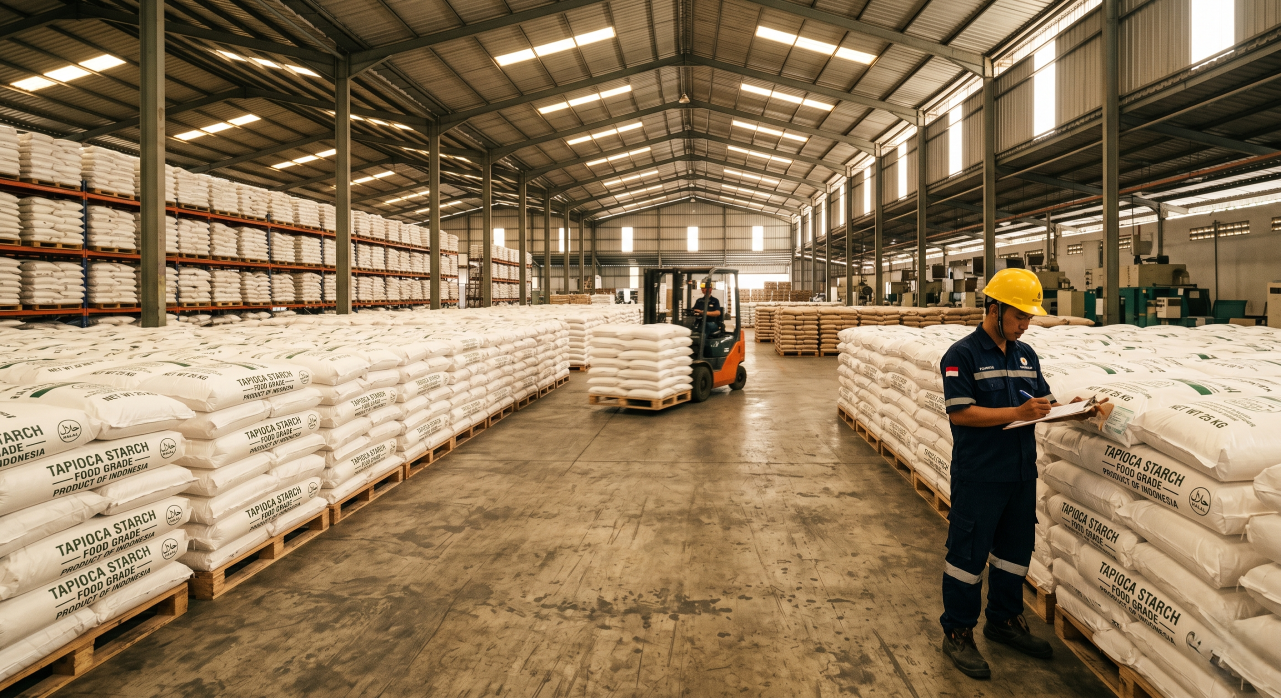 A large Indonesian food ingredient warehouse stocked with 25kg food grade tapioca starch bags showing the scale of bulk supply chain operations