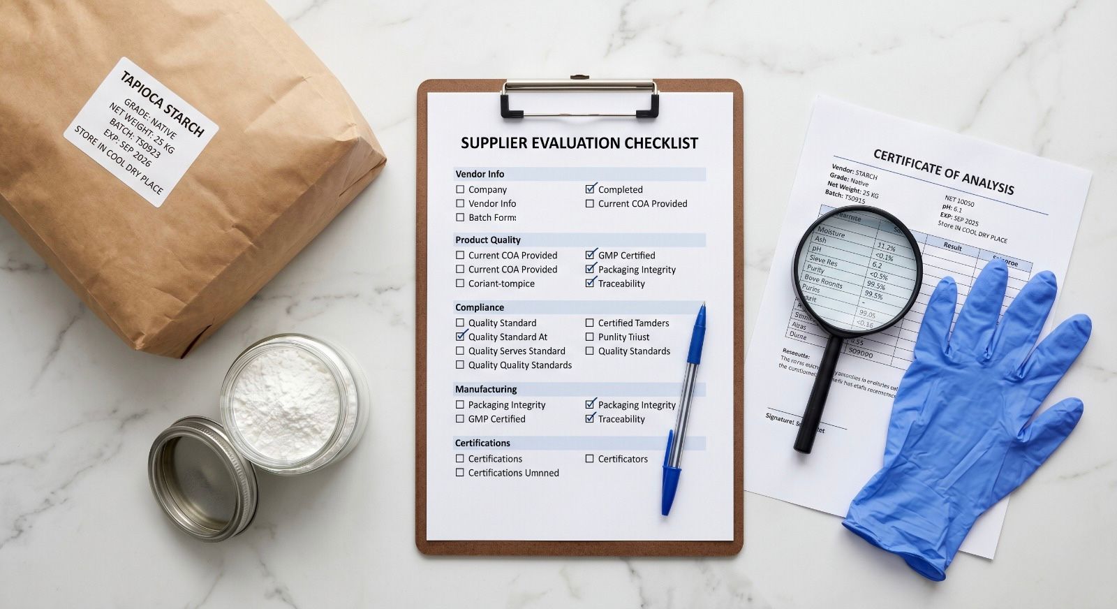 A supplier quality evaluation checklist beside a 25kg tapioca starch bag and certificate of analysis documents on a marble surface