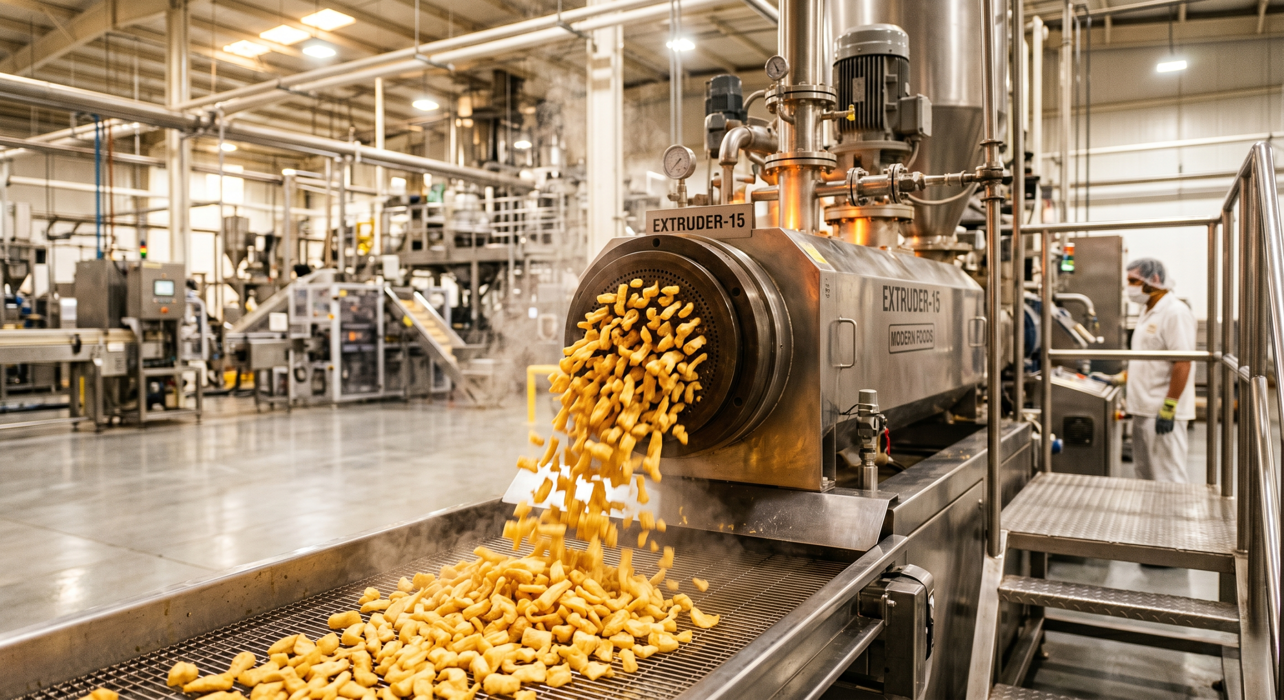 A food extrusion machine producing cassava flour-based snacks in an industrial facility, with a quality inspector examining the extruded product for texture and crunch