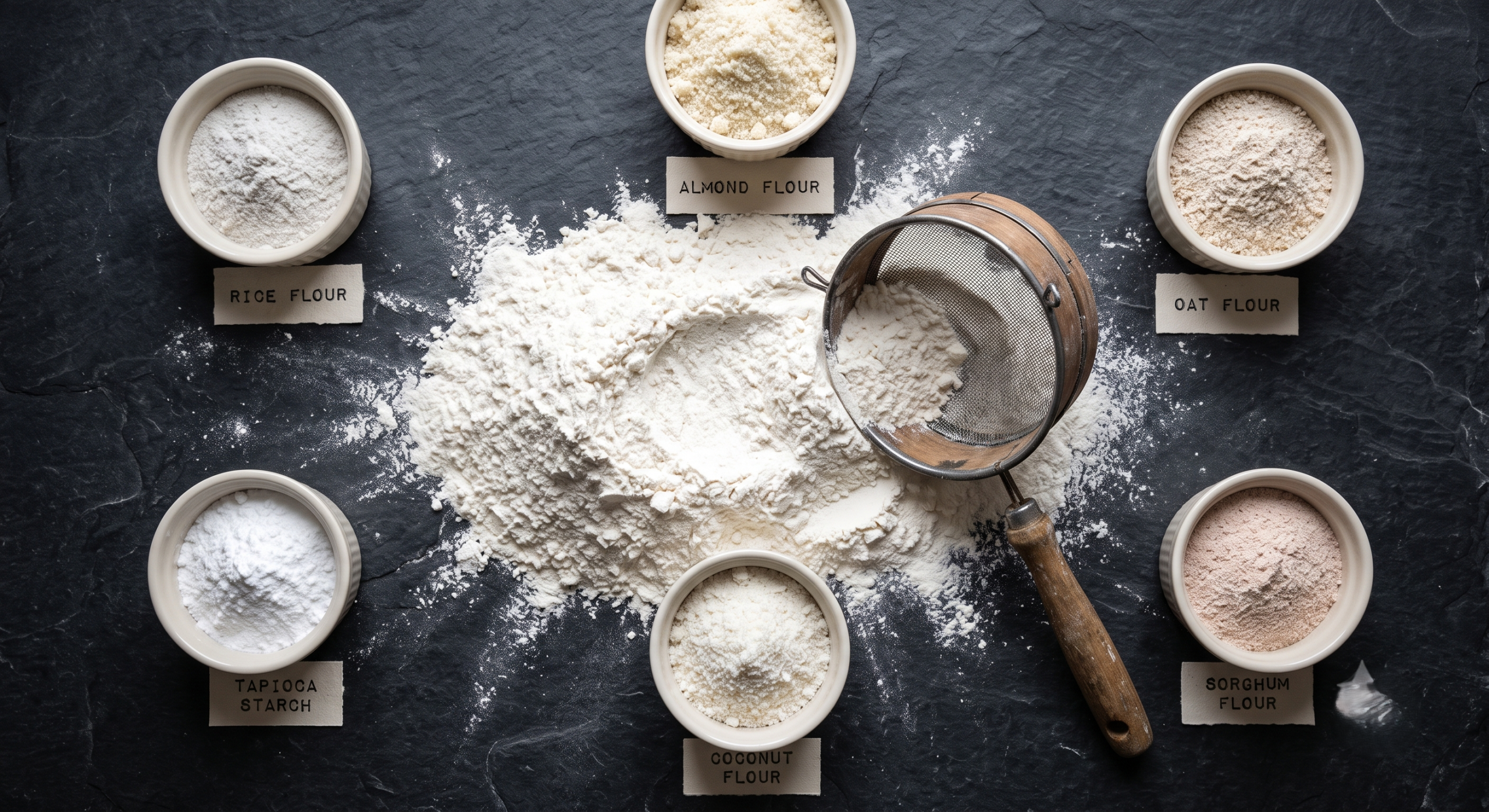 A large mound of cassava flour at center surrounded by six small bowls of alternative flours including rice, almond, oat, sorghum, coconut, and tapioca starch showing cassava flour as the primary allergen-free wheat substitute for food manufacturers