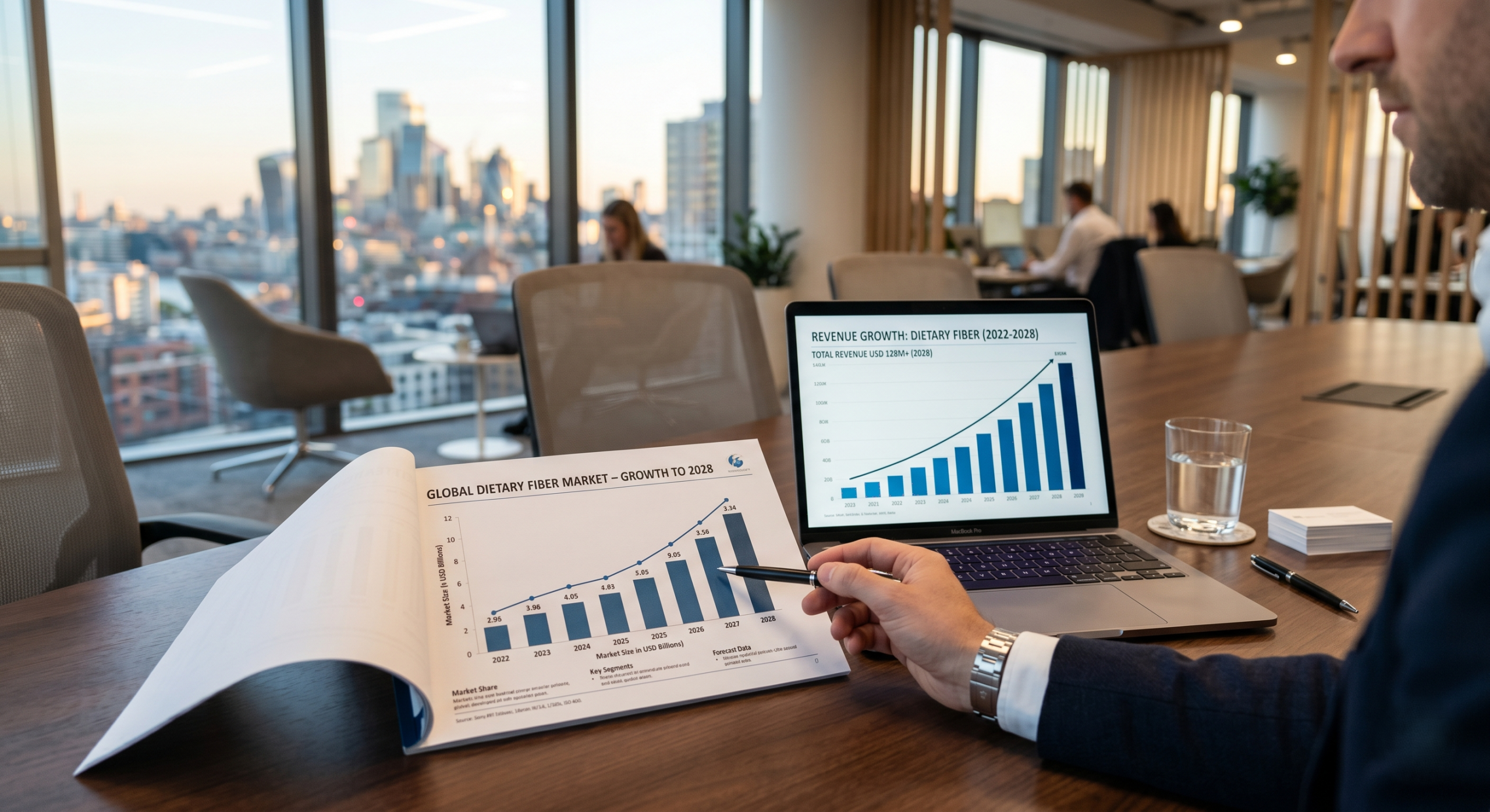 A business professional reviewing a dietary fiber market growth report and revenue chart in a modern office setting to build a case for product line expansion