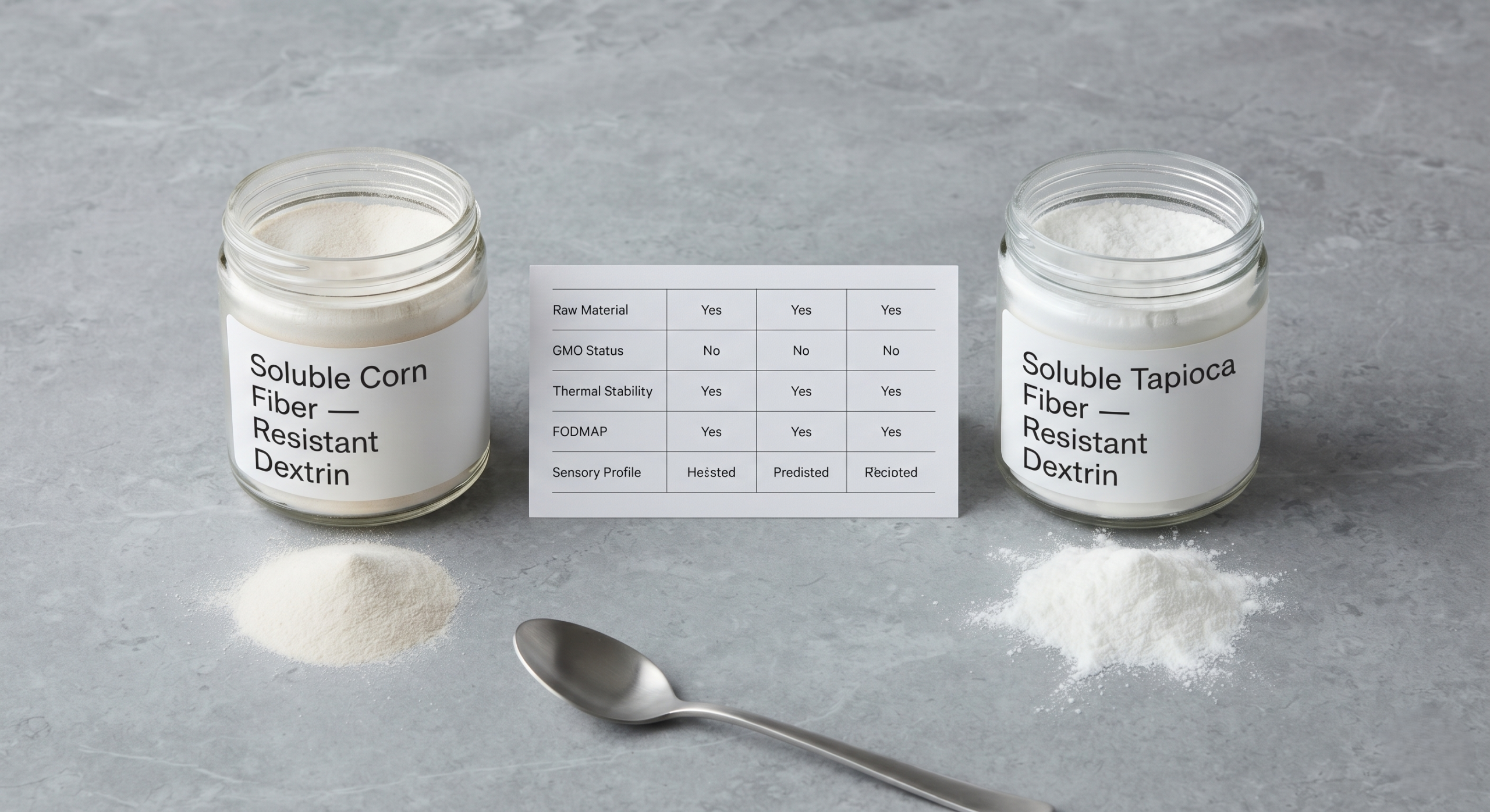 Two glass jars of soluble corn fiber and soluble tapioca fiber placed side by side on a grey stone surface with a printed comparison specification chart for food manufacturer formulation decisions