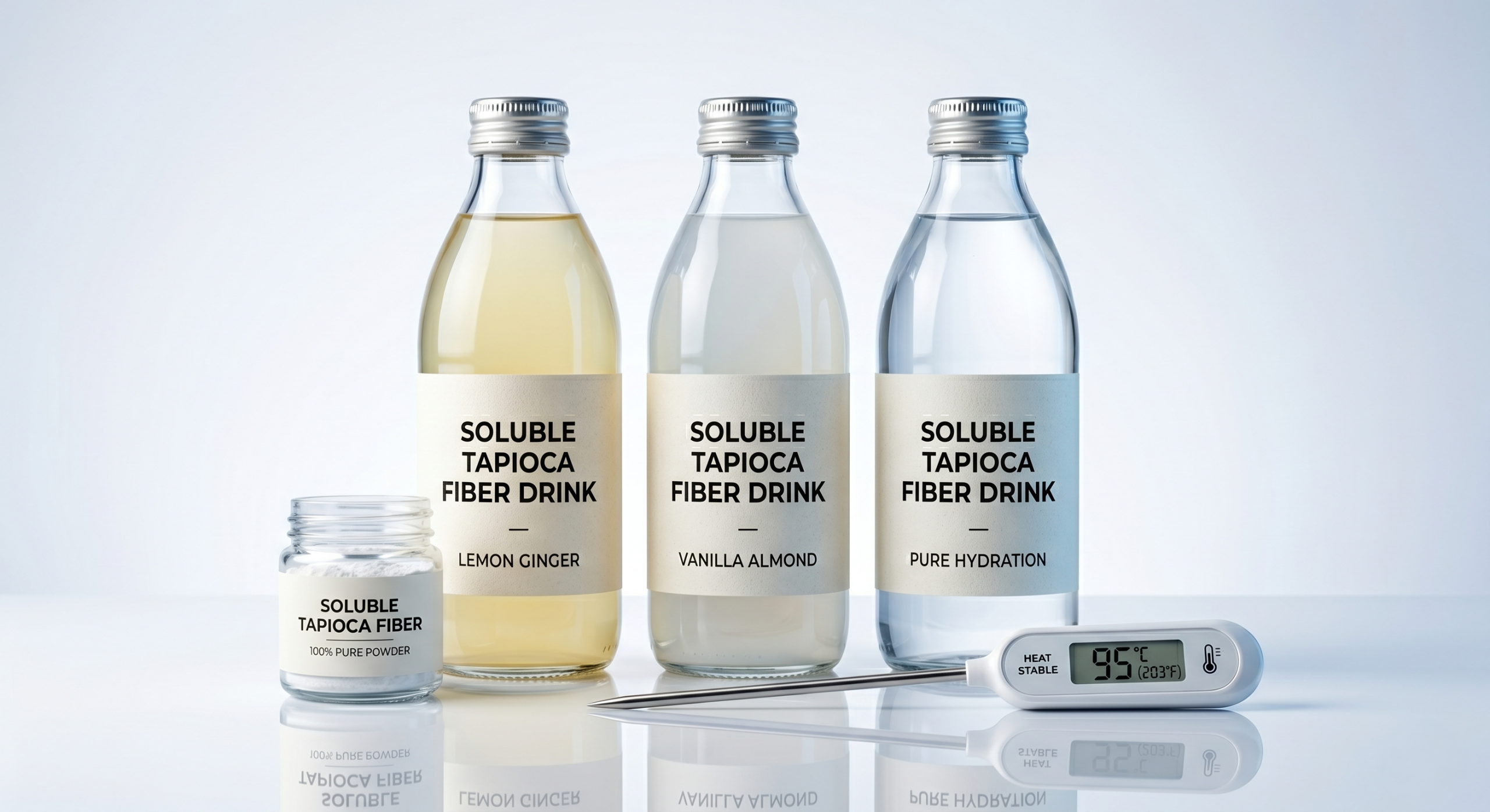 Three RTD beverage bottles with varying clarity beside soluble tapioca fiber powder sample and thermometer showing heat stability