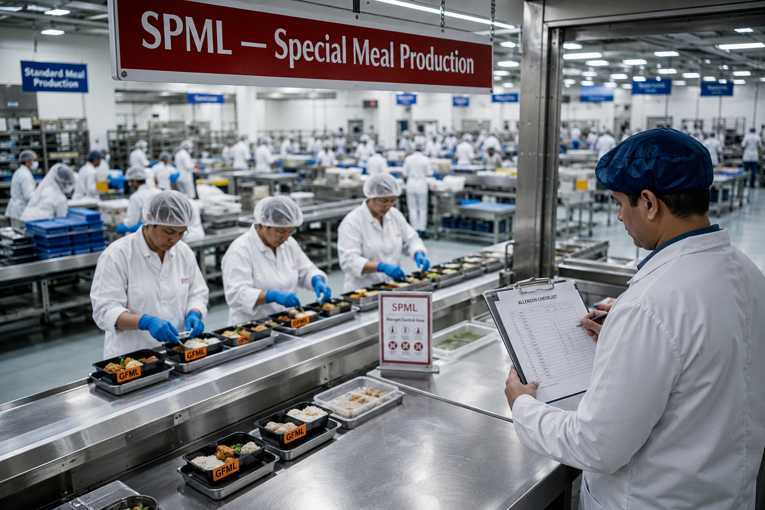 A large airline catering production facility with a dedicated special meal SPML section where workers assemble gluten-free GFML airline meals under supervisor review with allergen checklists