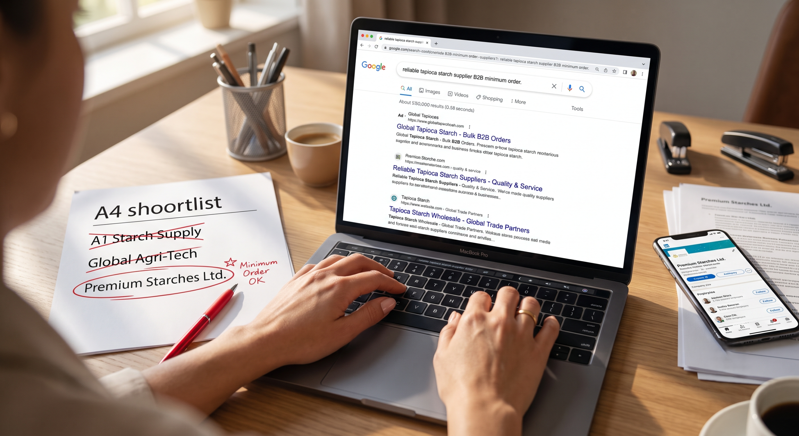 A procurement professional typing a supplier search query into Google on a laptop with a printed supplier shortlist on the desk, showing how B2B food buyers research ingredient suppliers before making contact
