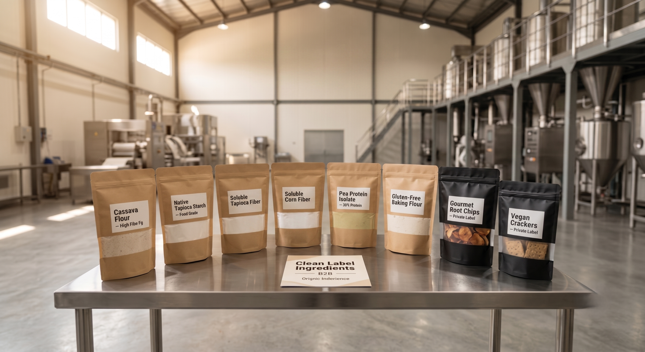 The full Blue Highcrest B2B ingredient product range displayed on a stainless steel table in an Indonesian food facility, including cassava flour, native tapioca starch, soluble tapioca fiber, soluble corn fiber, pea protein isolate, gluten-free baking flour, gourmet root chips, and vegan crackers