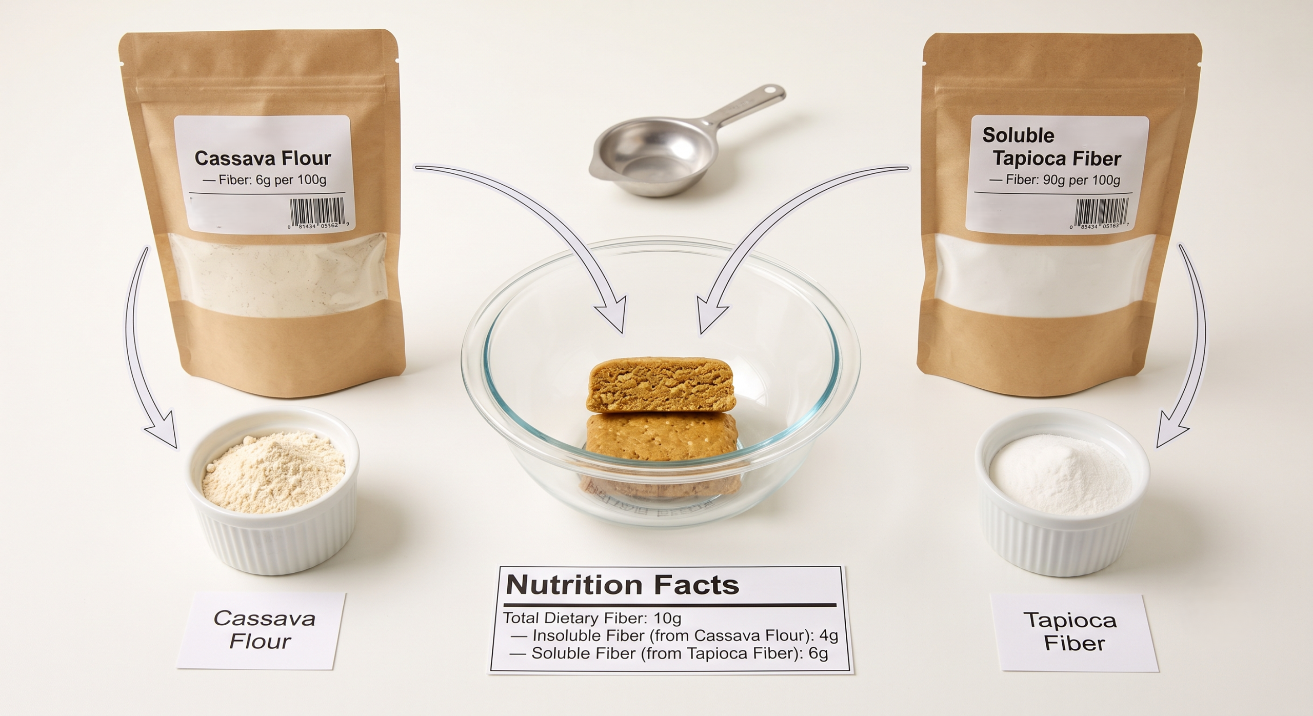 Two ingredient bags of premium cassava flour and soluble tapioca fiber pointing toward a cross-sectioned protein bar with a nutrition panel showing a stacked 10g total dietary fiber claim from both insoluble and soluble fiber sources