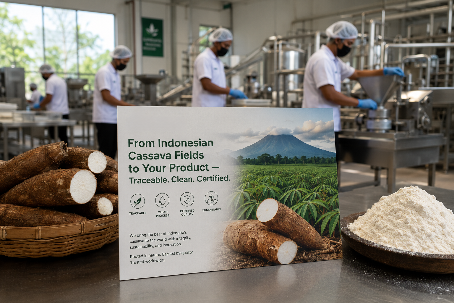 A clean cassava processing facility in Indonesia with a brand story card in the foreground showing the supply chain origin story used in ingredient transparency marketing for retail and Amazon