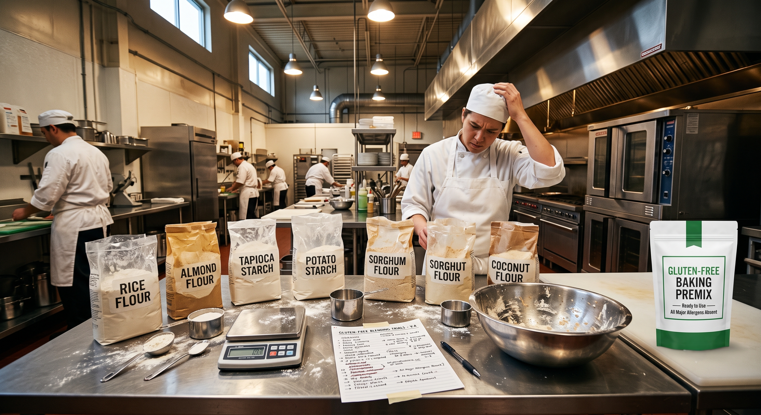 A hotel or cruise line catering kitchen showing the operational complexity of blending six different gluten-free flours in-house compared to a single sealed allergen-free baking premix bag representing the cost and consistency advantage of a premix solution
