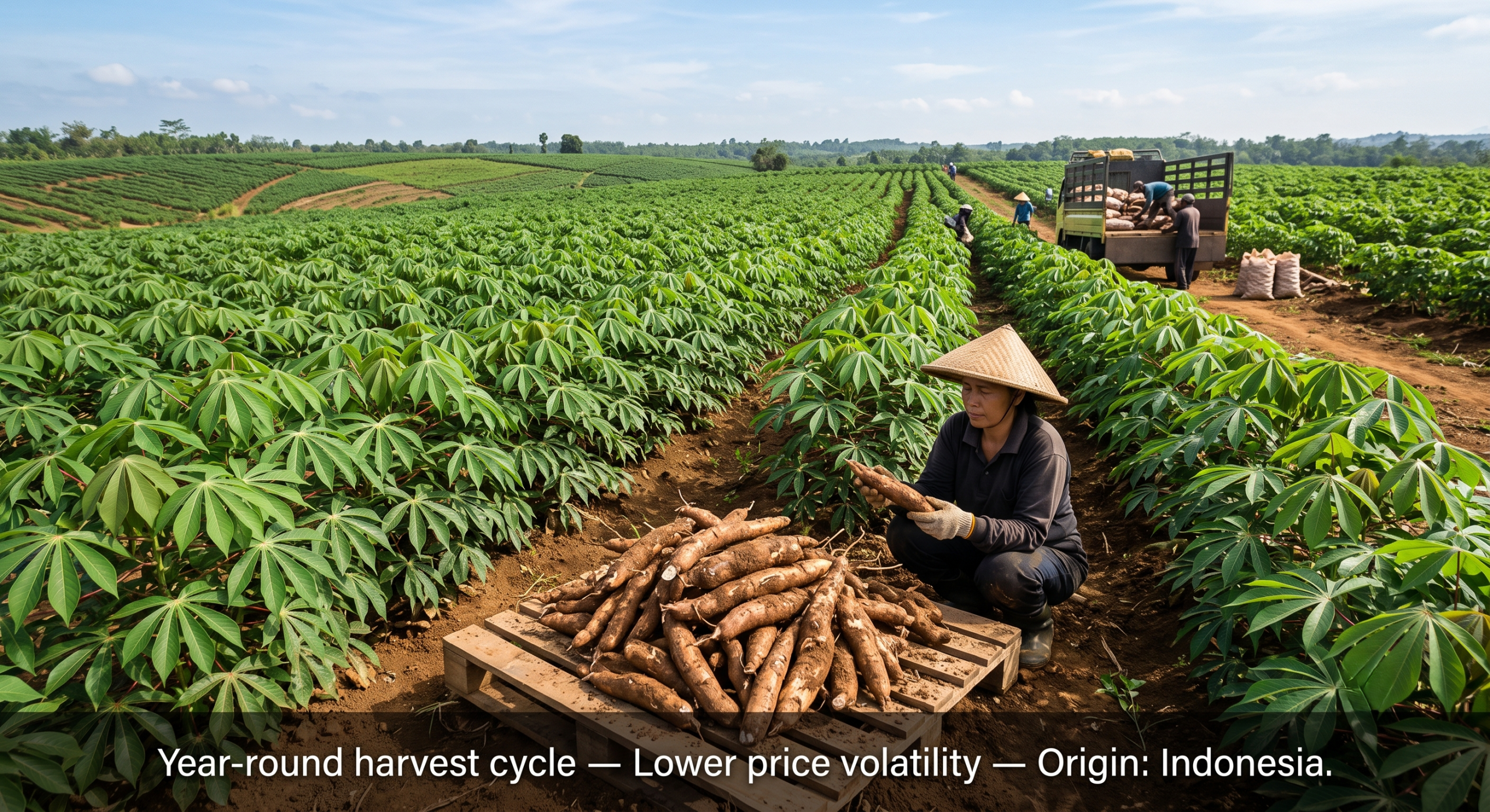 A wide-angle view of a productive cassava farm in Indonesia with freshly harvested roots and a worker inspecting the crop, representing the year-round harvest cycle that underpins tapioca starch's more stable price floor compared to corn and potato starch
