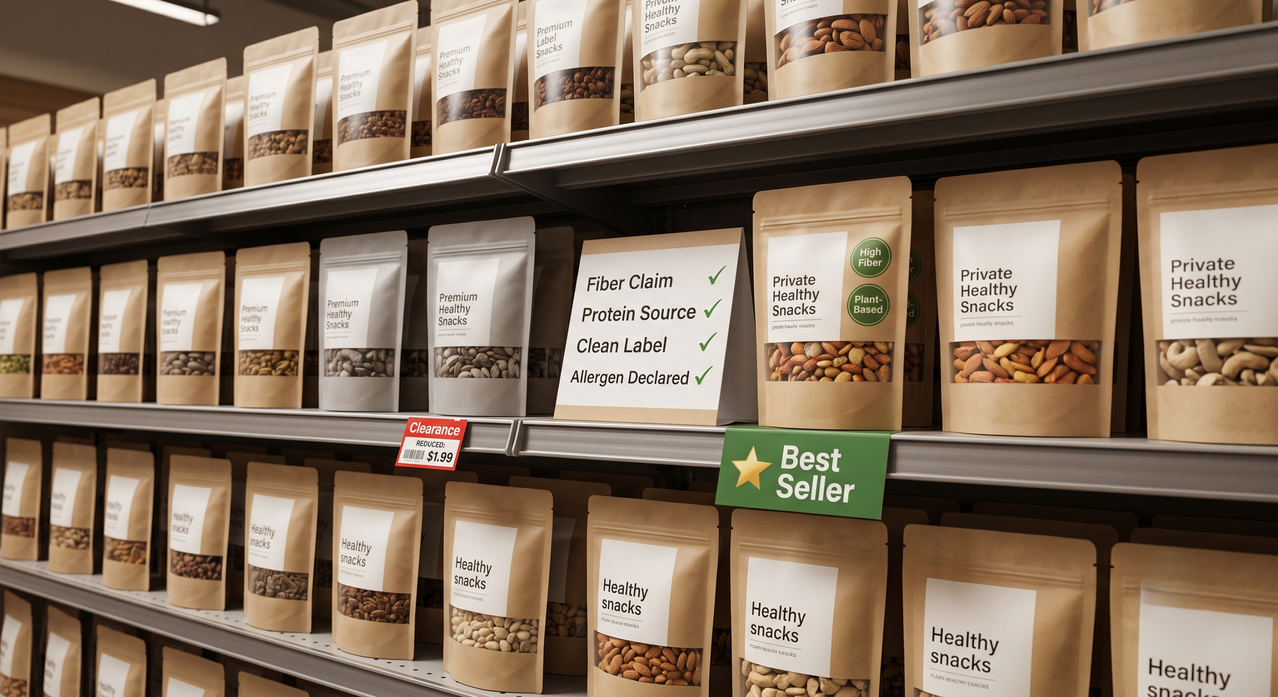 A supermarket shelf showing two private label healthy snack products side by side — one with poor retail velocity and a clearance tag, and one marked best seller — with a formulation checklist card showing the fiber, protein, and clean label attributes that drive snack product sales performance