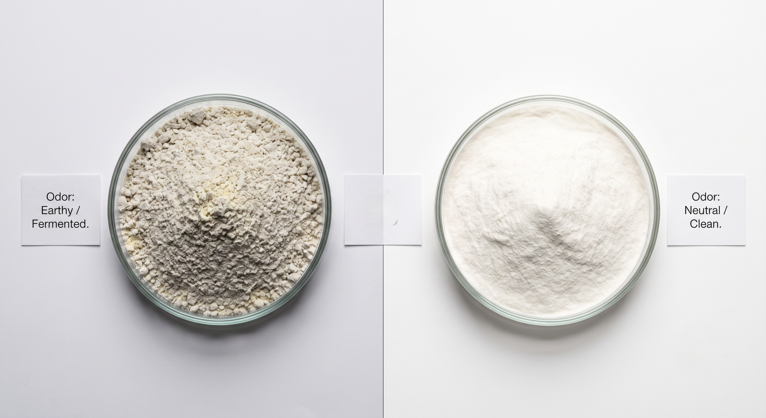 Side-by-side comparison of regular cassava flour with an earthy odor profile against a premium neutral-odor processed cassava flour showing the sensory quality difference relevant to food manufacturers and R&D formulation teams