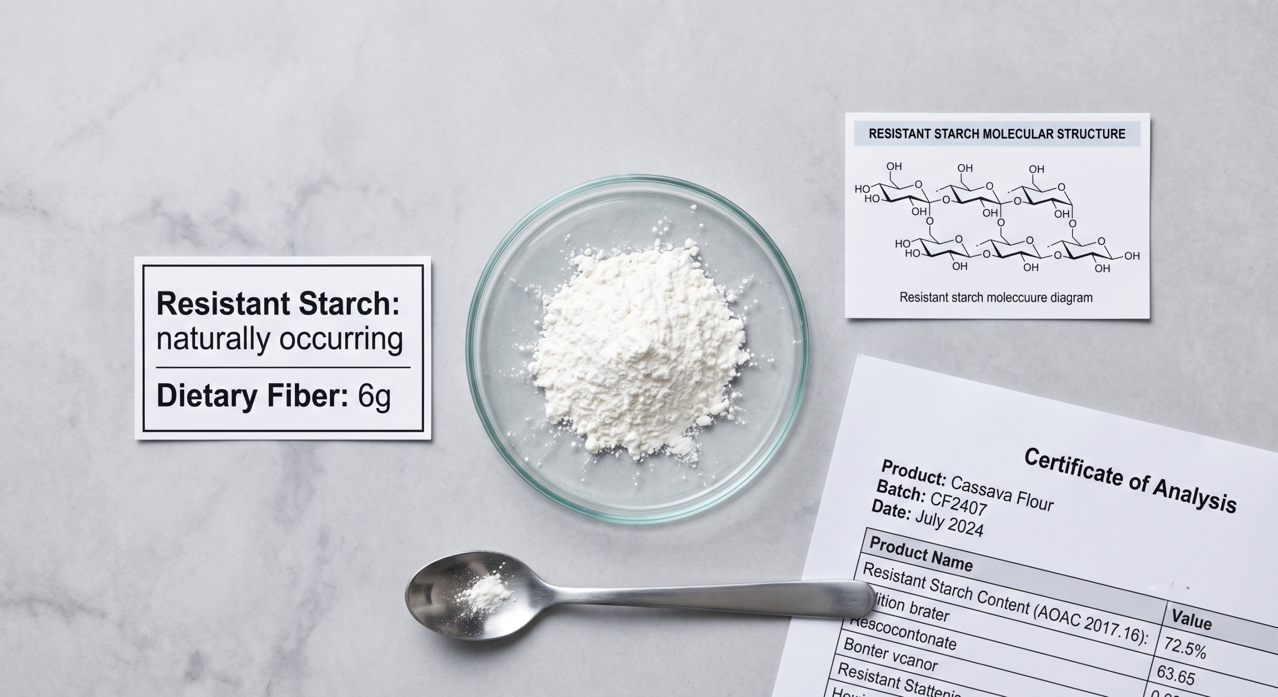 A petri dish of premium cassava flour beside a Certificate of Analysis showing resistant starch content and a label mockup declaring dietary fiber, representing the functional nutrition benefit of low-temperature milled cassava flour for R&D teams
