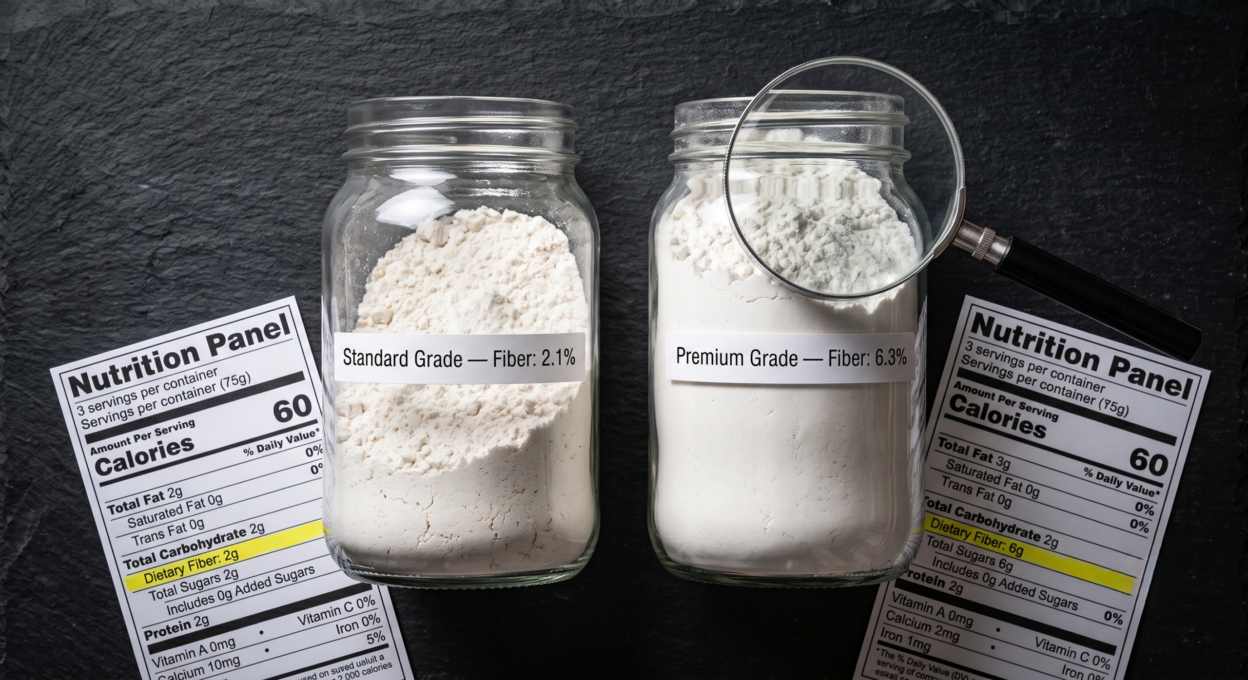 Two glass jars of standard grade and premium grade cassava flour placed side by side with printed nutrition panels showing the dietary fiber gap between commodity and high-fiber grade for food manufacturer specification decisions