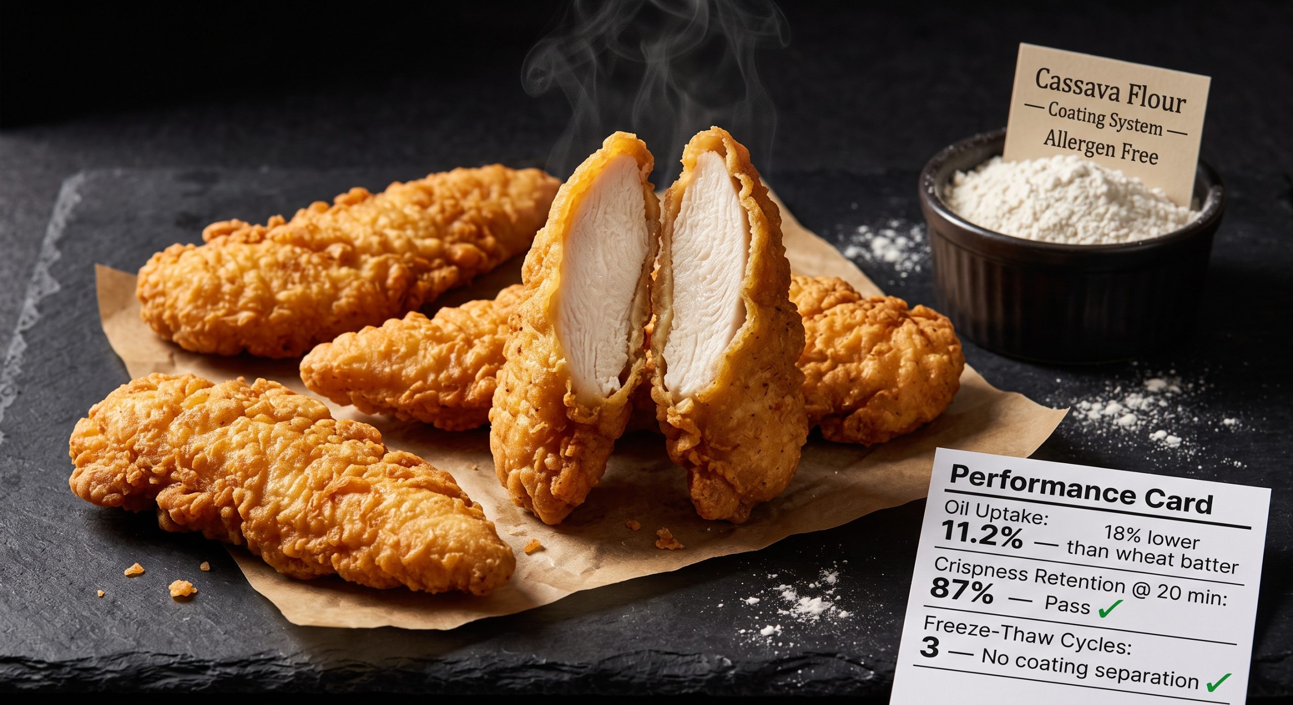 A cross-sectioned crispy battered chicken tender coated in cassava flour showing a thin even golden crust and moist interior, with a performance card showing oil uptake, crispness retention, and freeze-thaw cycle results