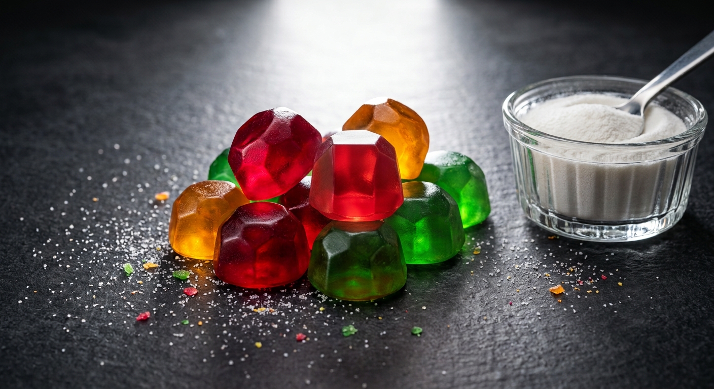 Backlit translucent ruby, amber, and emerald gummies showing high clarity with one cut in half revealing a smooth bubble free interior, alongside soluble fiber