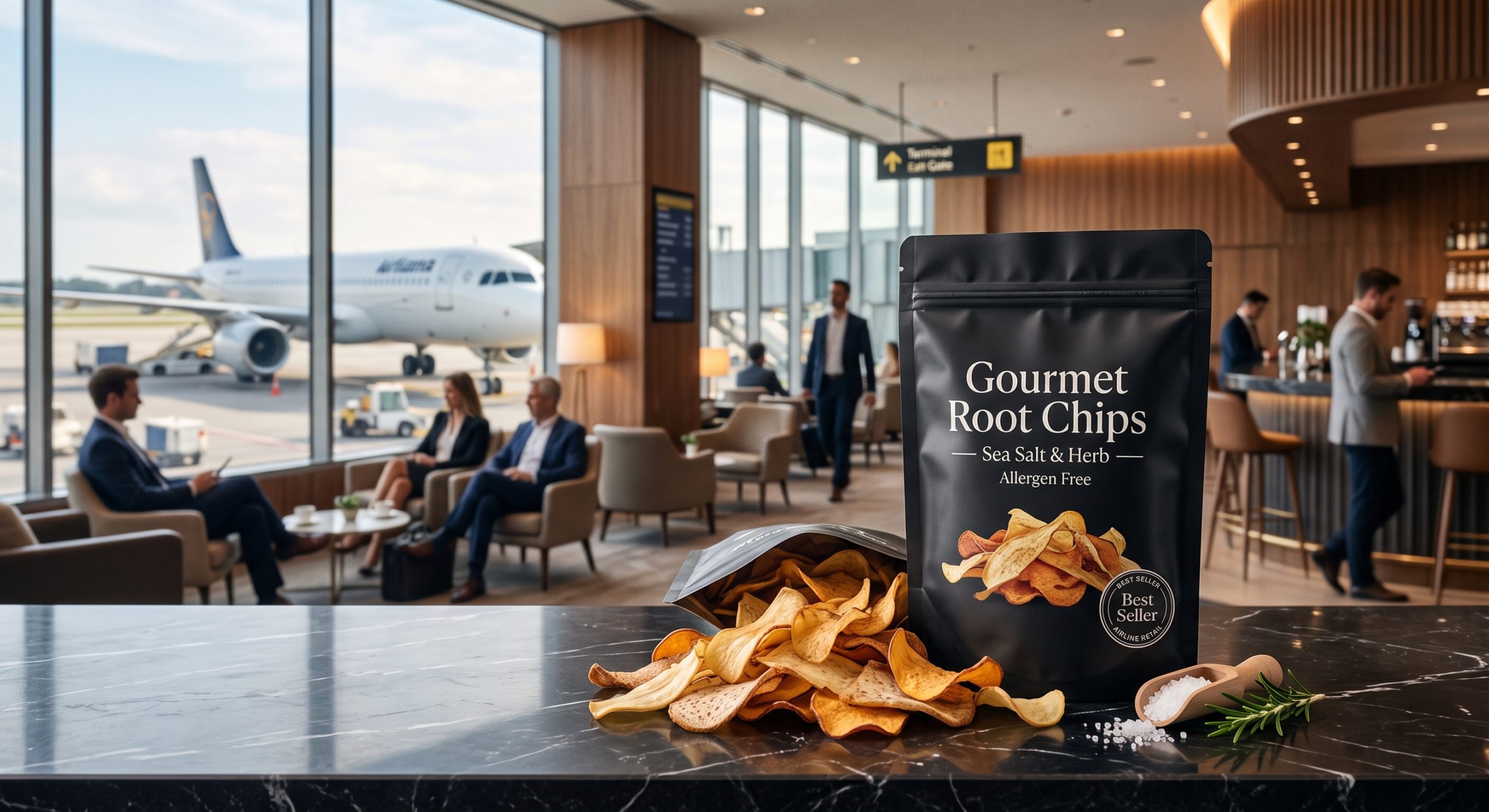 A premium matte black private label gourmet root chip pouch with spilling golden chips in an airport lounge setting, with a specification card showing MOQ, lead time, allergen declaration, and halal certification for airline and specialty retail procurement