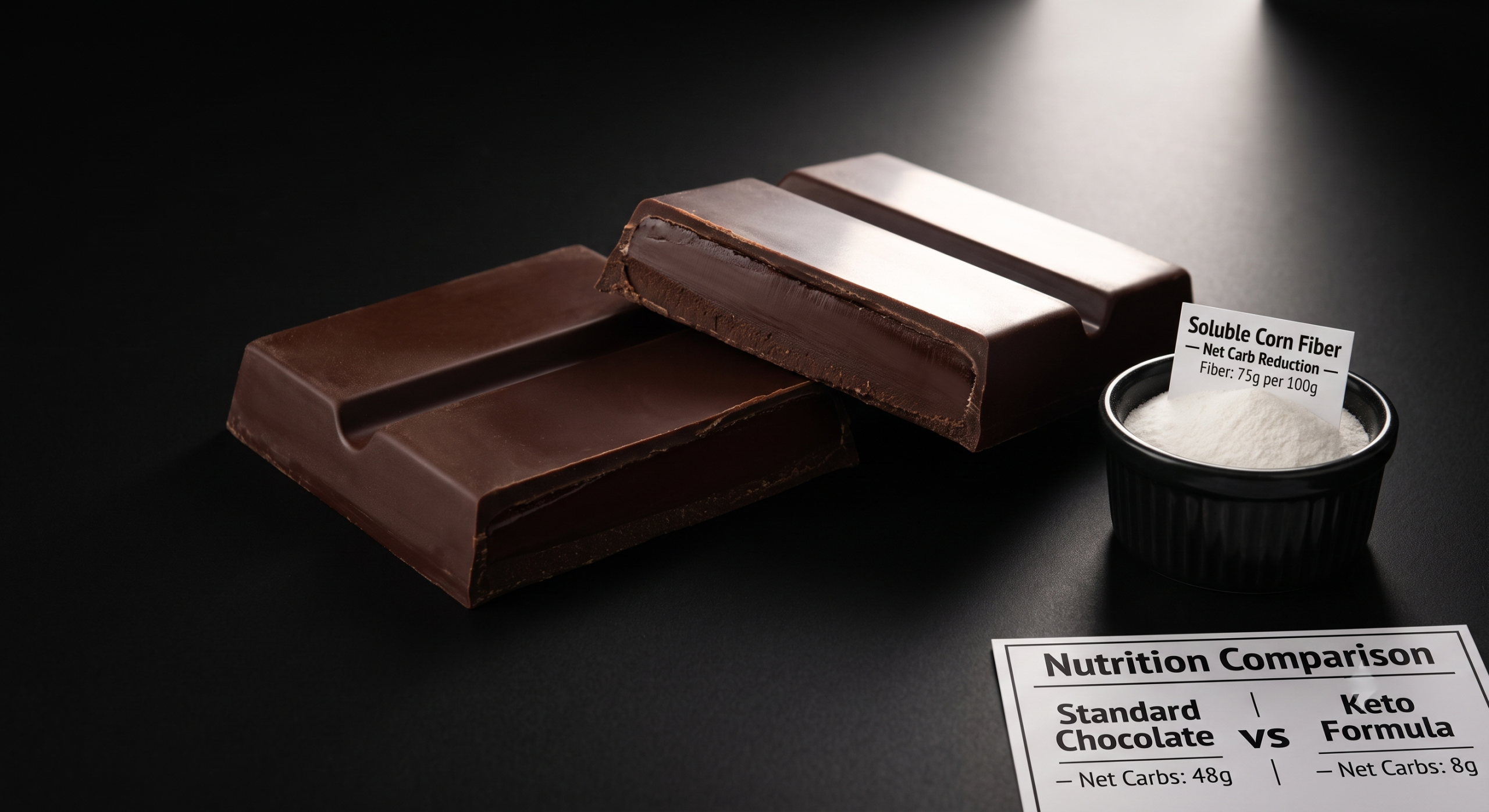 A cleanly snapped dark keto chocolate bar with glossy surface and sharp break edge alongside a ramekin of soluble corn fiber powder and a net carb comparison card showing reduction from 48g to 8g per serving
