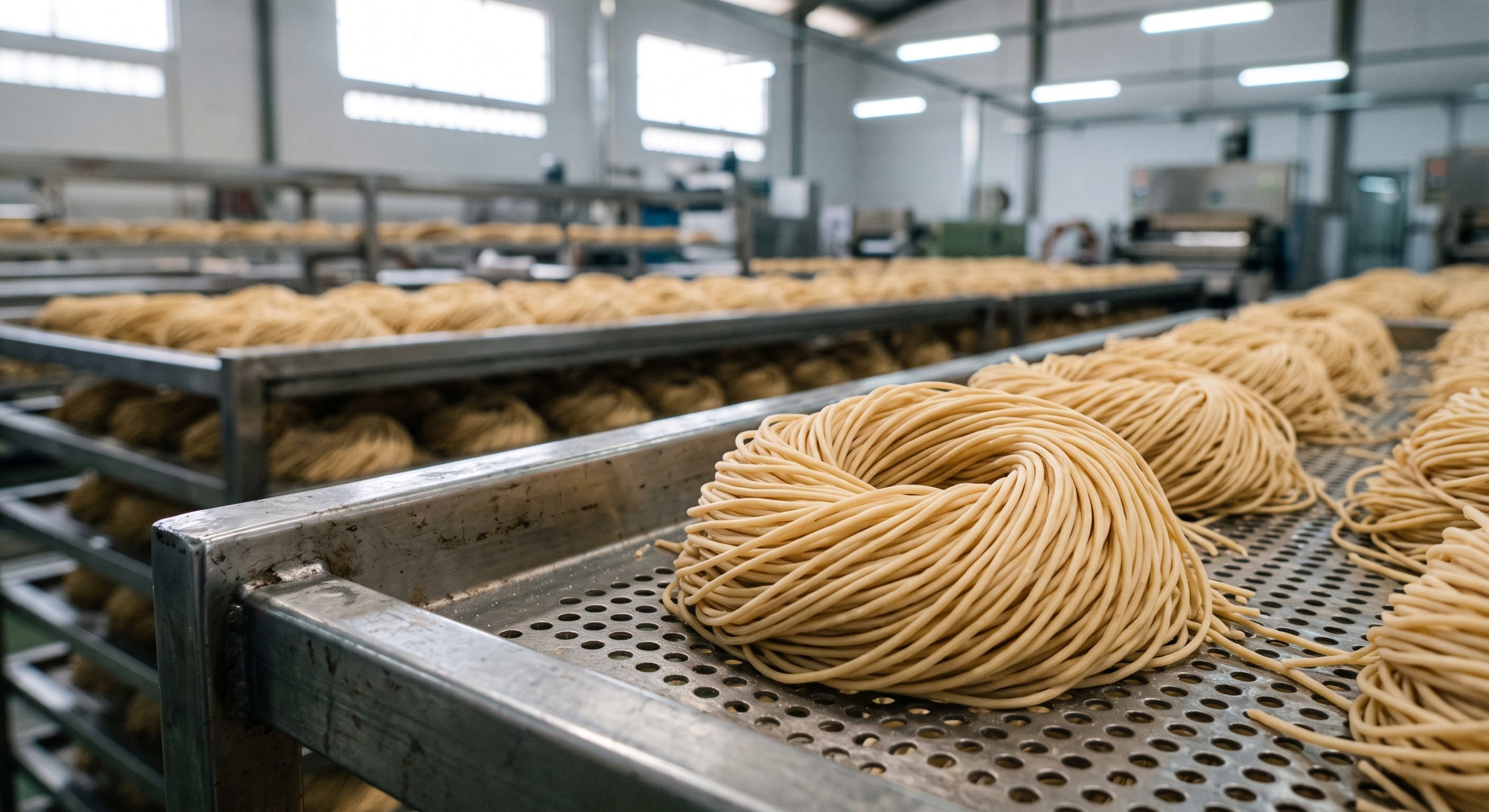 Pale golden dried noodle nests resting on a stainless steel rack in a noodle production facility, showing uniform separated strands with no breakage