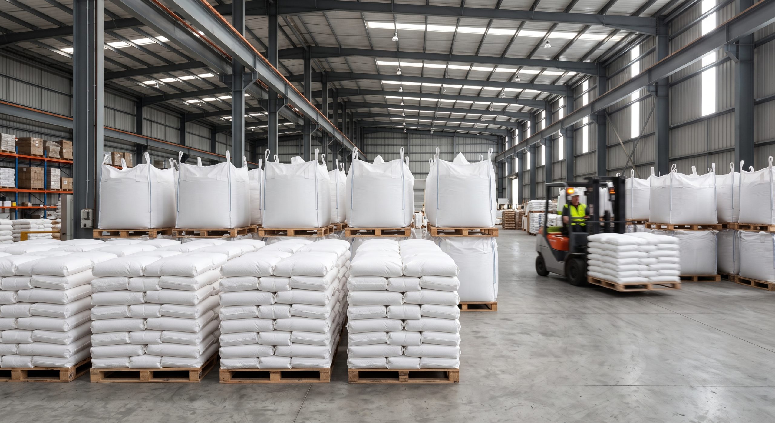 A large organized dry ingredient warehouse with stacked pallets of 25kg woven bags in the foreground and jumbo bulk bags behind, with a forklift operating in the background, showing packaging format options for different food manufacturing volumes