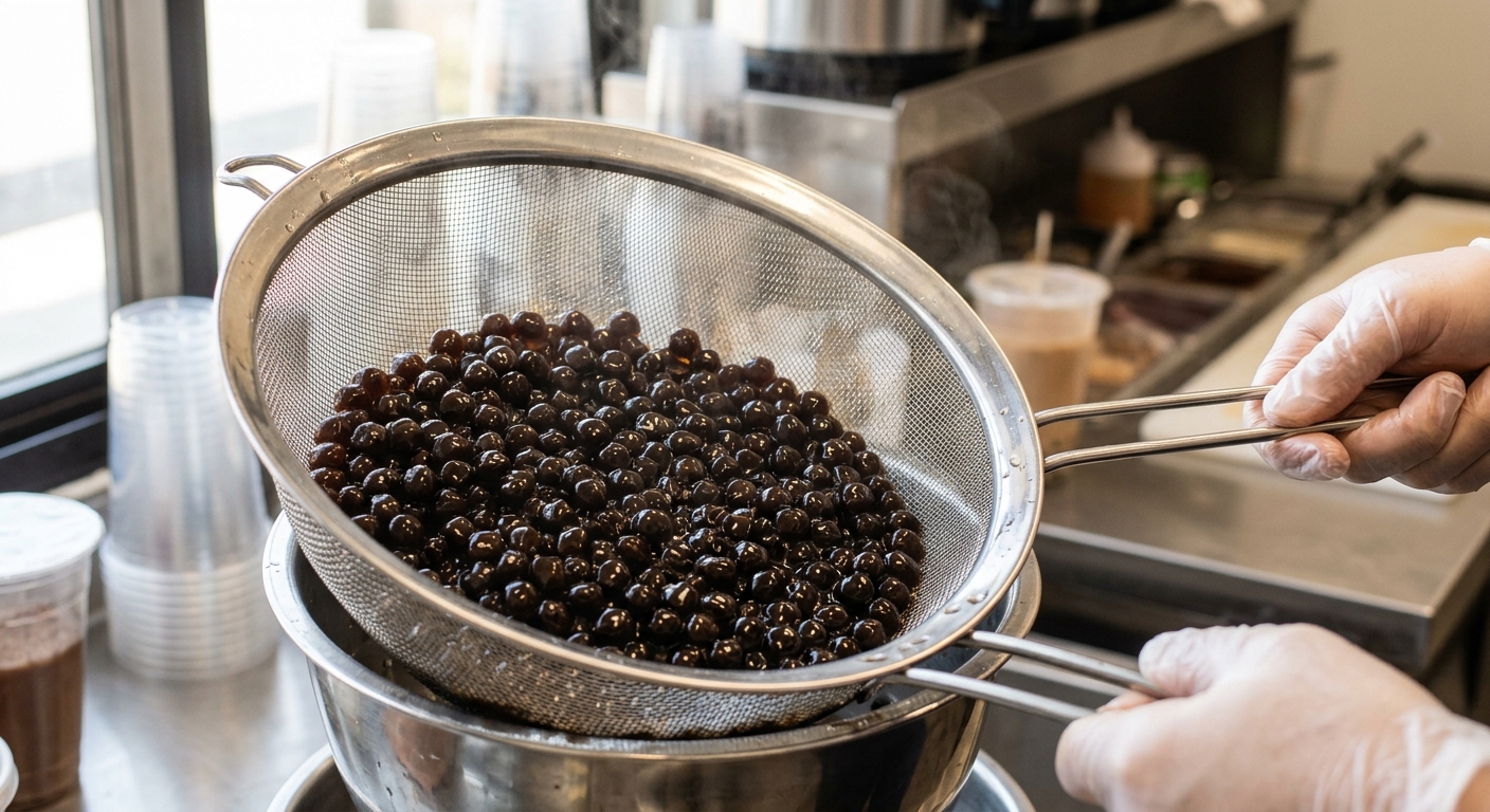 Freshly cooked glossy black tapioca pearls draining in a stainless steel colander in a commercial beverage kitchen, showing the uniform size and surface sheen required for bubble tea productions.