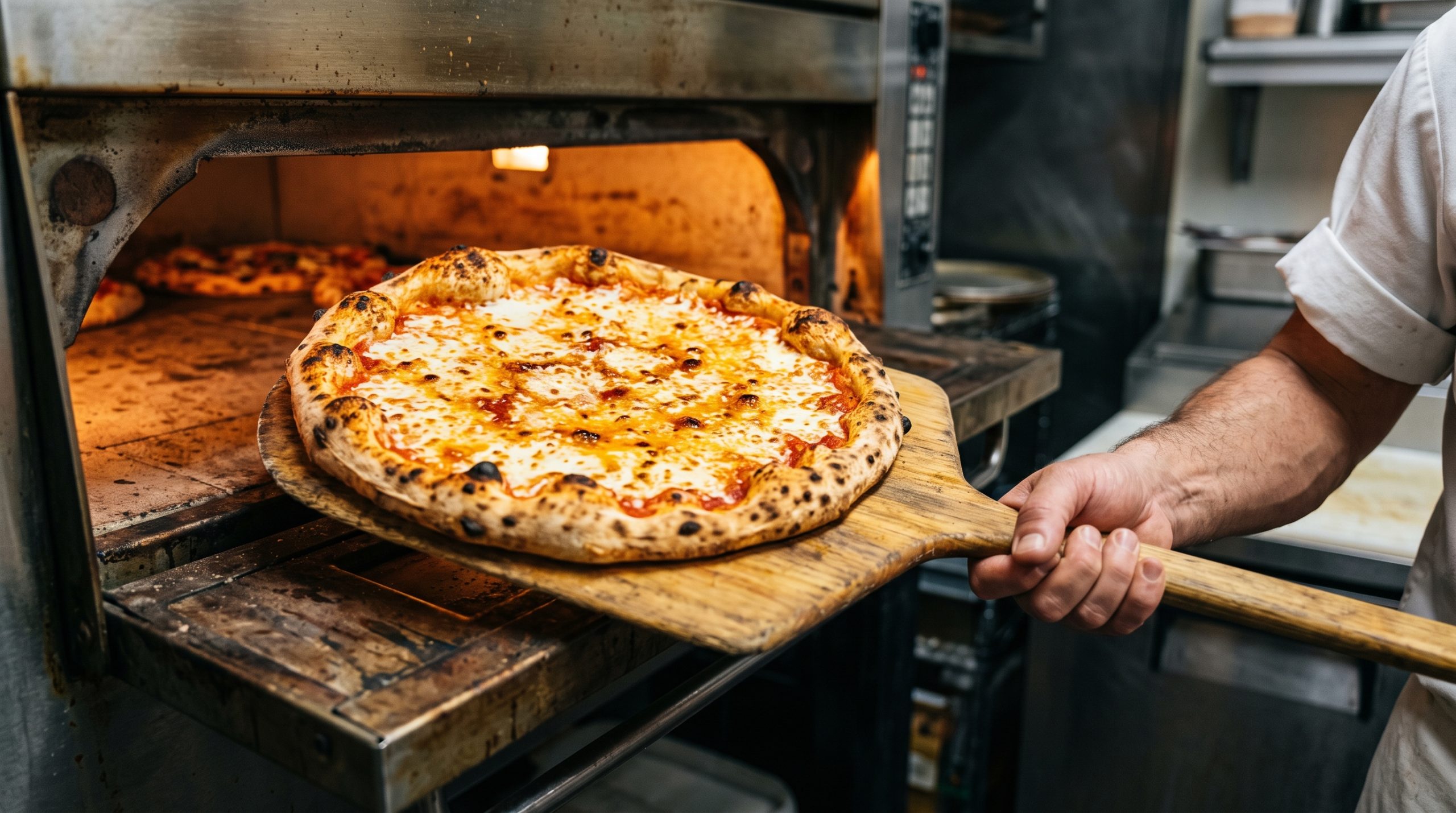 A freshly baked gluten-free pizza with a blistered charred crust edge being lifted on a wooden peel from a glowing commercial stone deck oven, demonstrating structural hold at high bake temperature