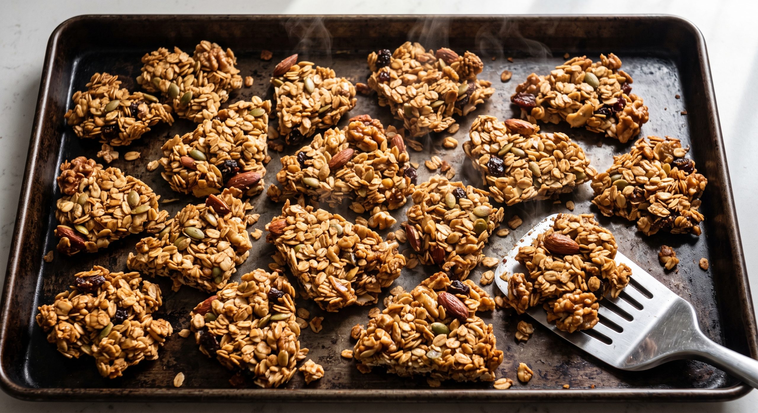 Freshly baked golden granola clusters on a dark baking tray showing large cohesive chunks with toasted edges and visible seeds, demonstrating effective cluster binding in a reduced-sugar high-fiber cereal formulation