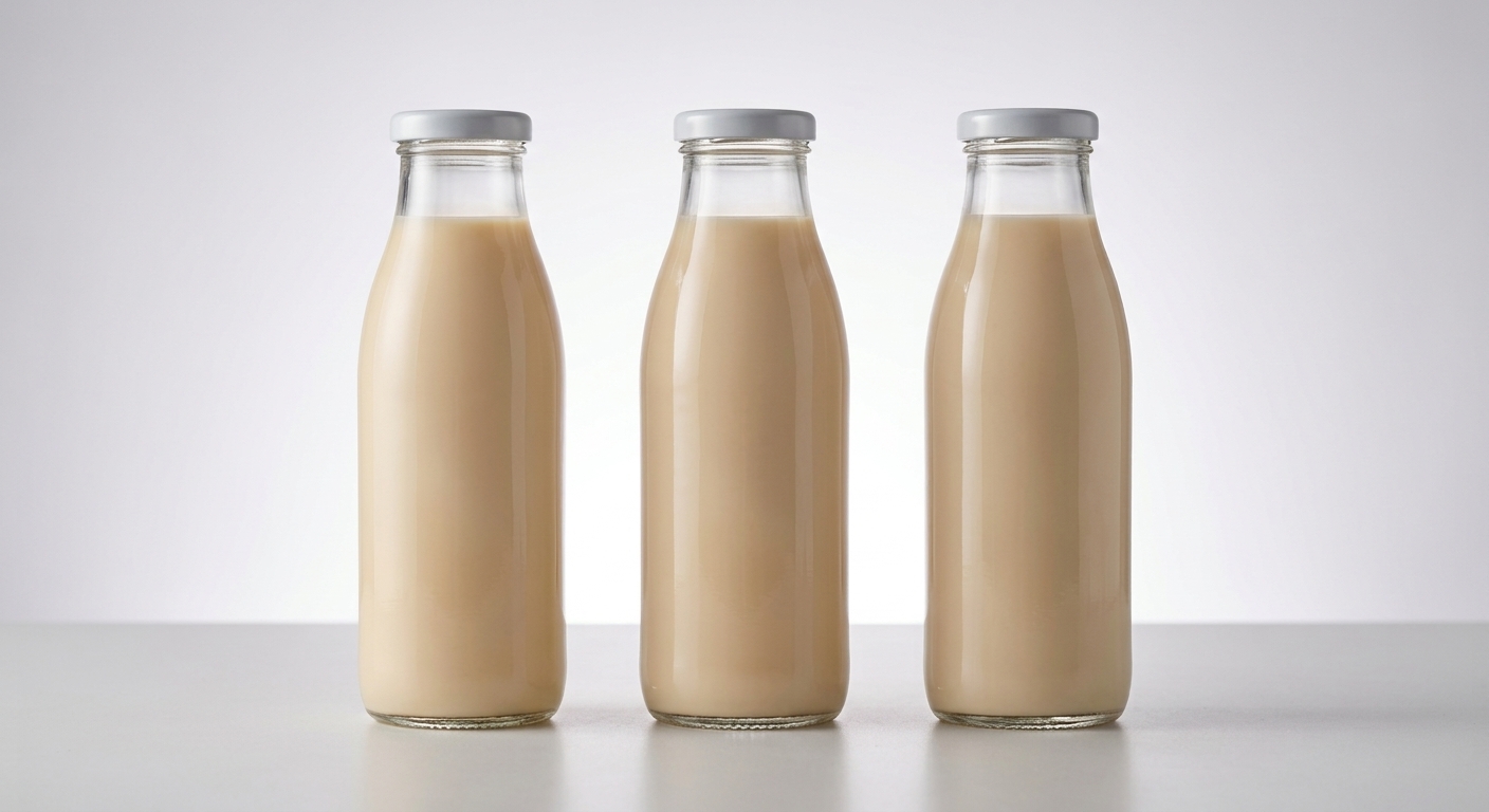 Three backlit clear glass bottles of light beige plant-based protein beverage showing smooth even suspension with no visible sediment layer, demonstrating stable pea protein formulation in ready-to-drink applications