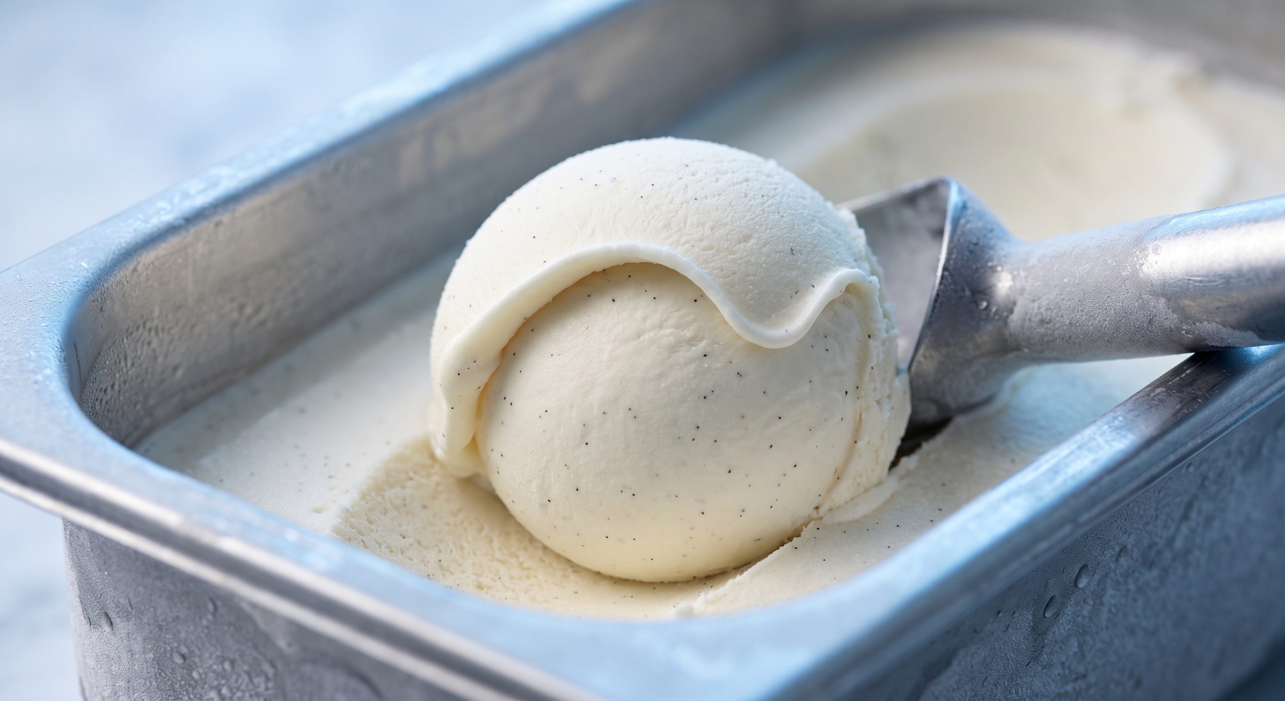 A macro view of a freshly scooped vanilla ice cream curl in a chilled metal tub showing fine dense texture with no visible ice crystals, demonstrating controlled freezing point and smooth mouthfeel in frozen dessert formulation
