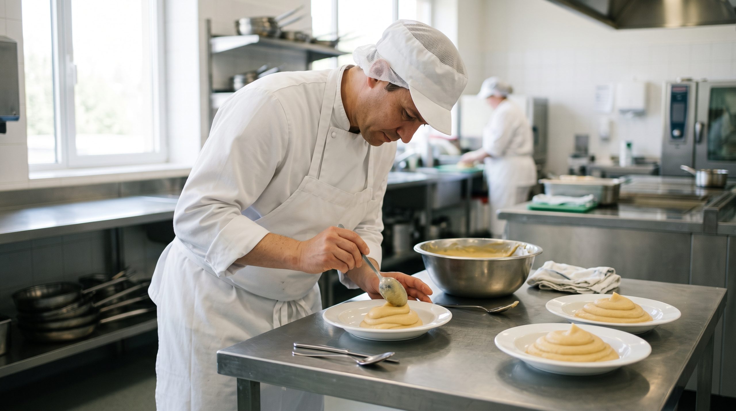 A chef carefully piping a smooth thick puréed preparation into a shallow dish in a clean institutional kitchen, showing shape retention and lump-free texture required for dysphagia-safe meals