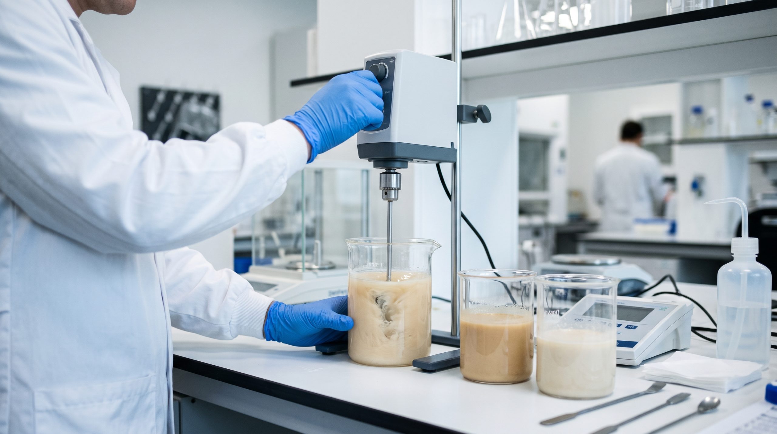 A food scientist in a white lab coat using an overhead stirrer to blend a pale protein dispersion in a glass beaker alongside two other protein preparations, representing hybrid protein blend development in food R&D