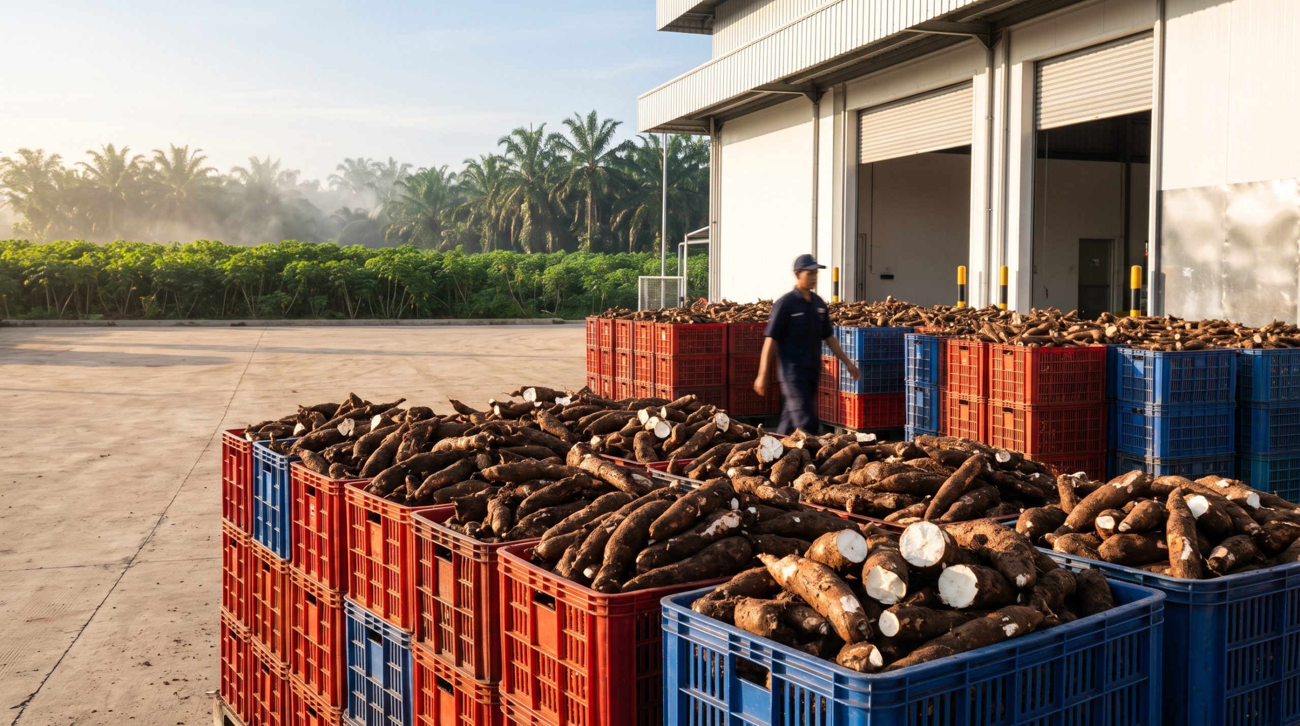Crates of freshly harvested cassava roots on a clean concrete loading apron outside a modern processing facility, with green cassava fields and palm trees visible in the background under early morning light