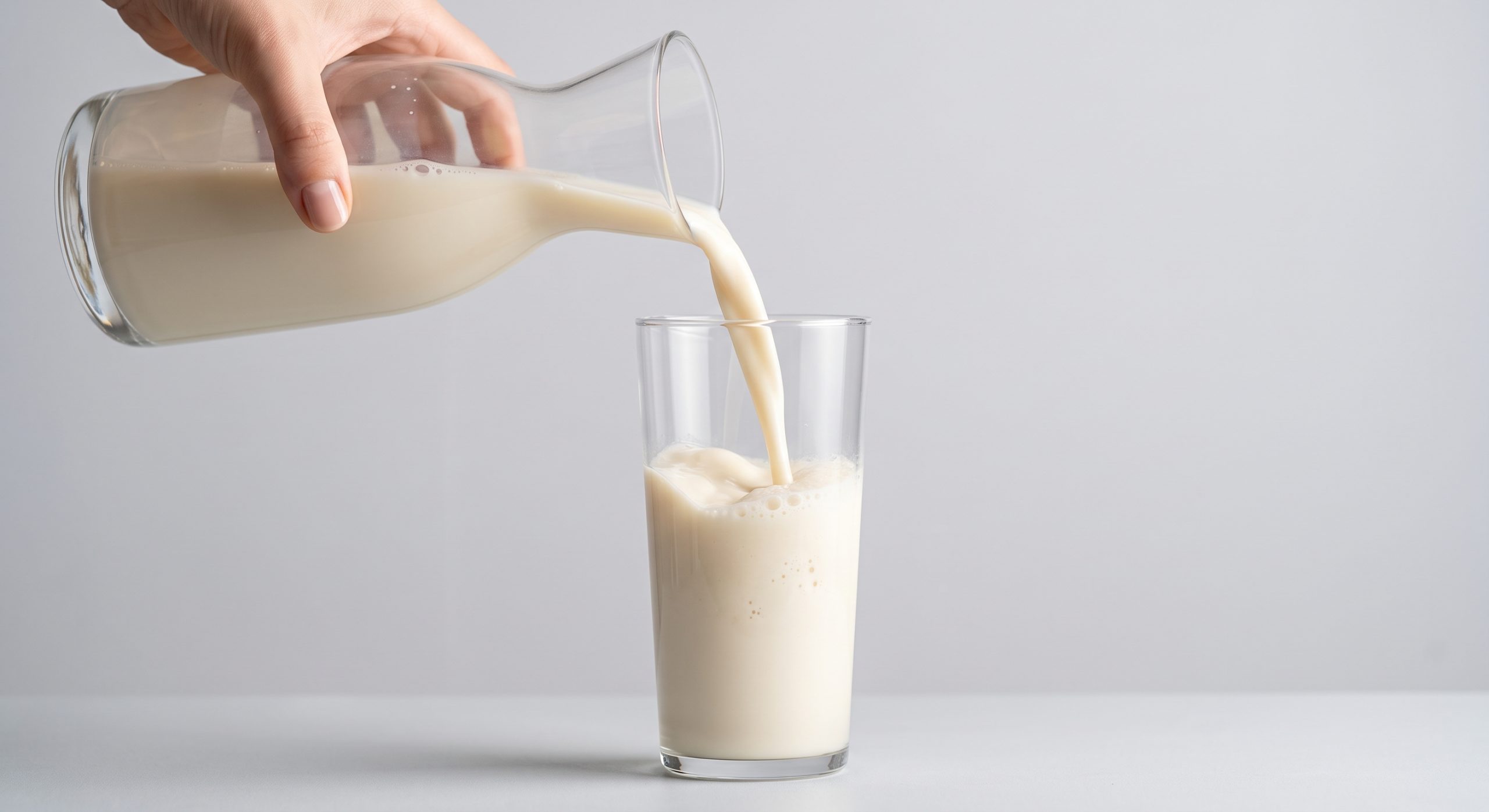 Creamy off-white plant-based milk pouring from a glass carafe into a tall glass with a smooth uniform texture and light surface foam, showing stable mouthfeel in a fiber-fortified dairy alternative