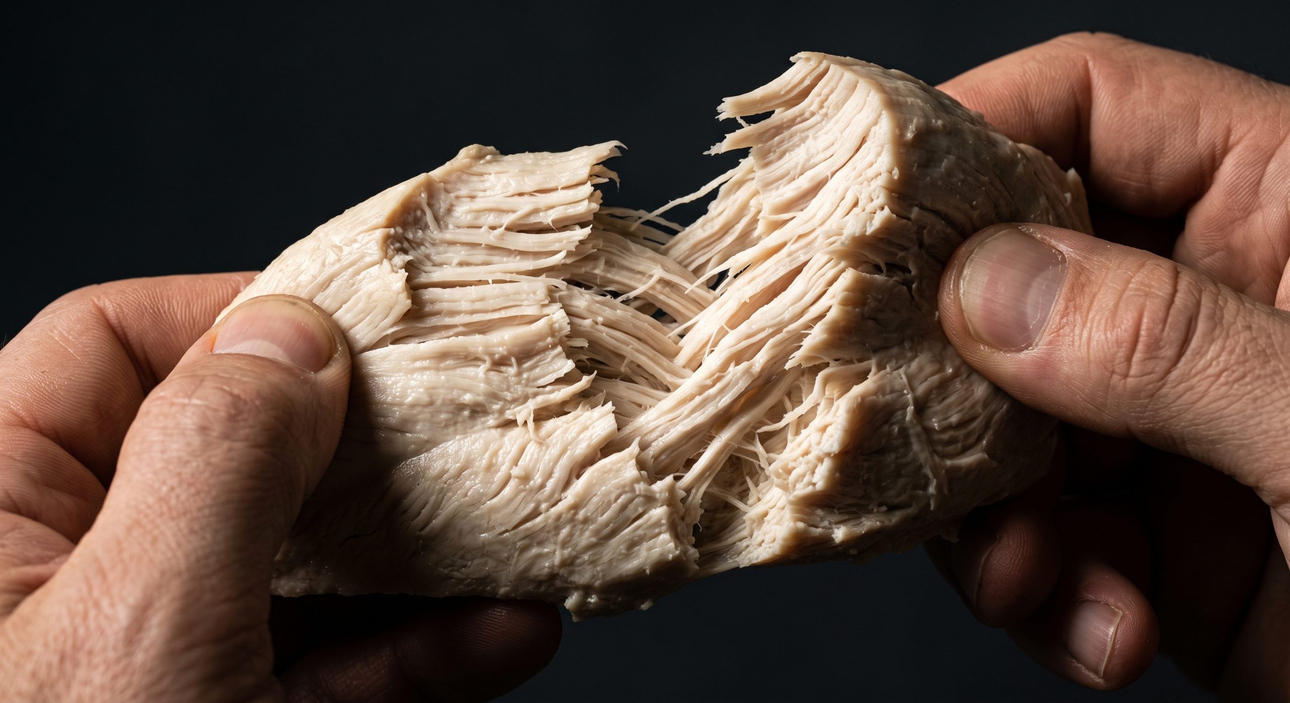 Hands pulling apart a piece of plant-based whole-cut protein to reveal long directional fibrous strands resembling cooked meat, demonstrating high-moisture extrusion texture achieved with pea protein isolate