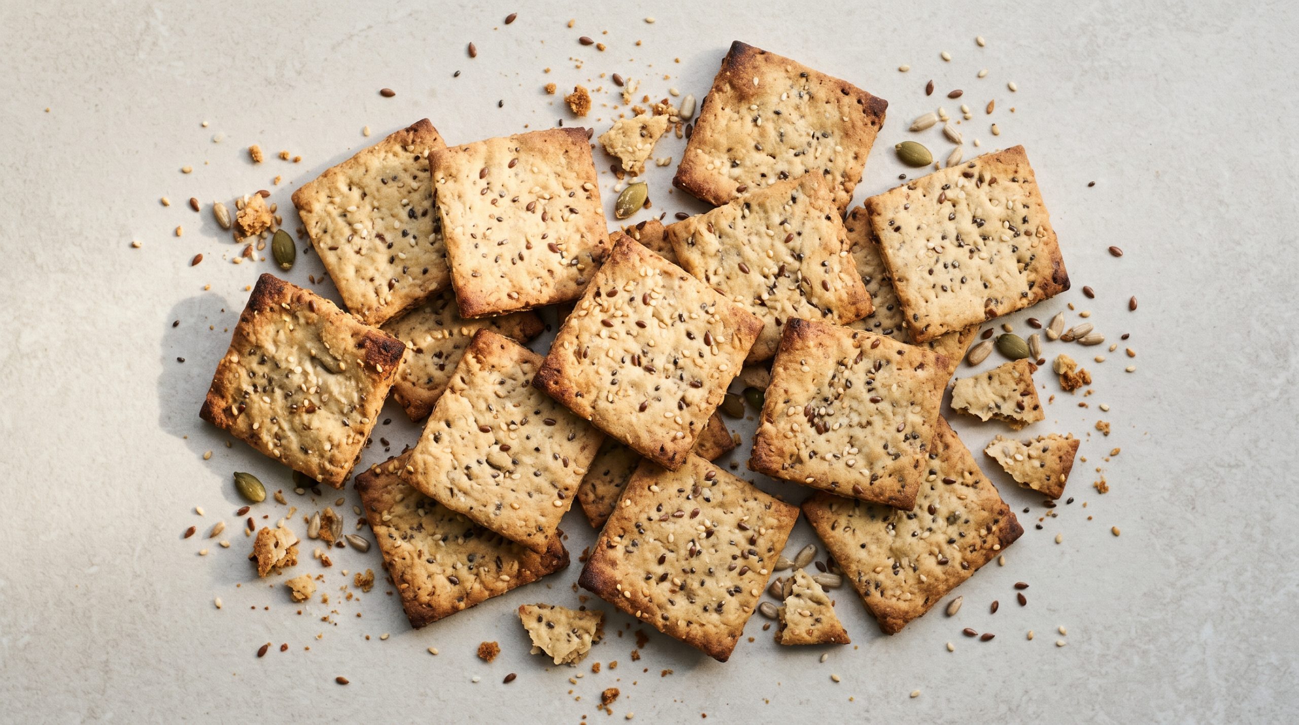 An overhead view of plain golden seeded crackers with toasted edges clustered on a pale stone surface with loose seeds scattered around, representing minimal-ingredient snack formulation