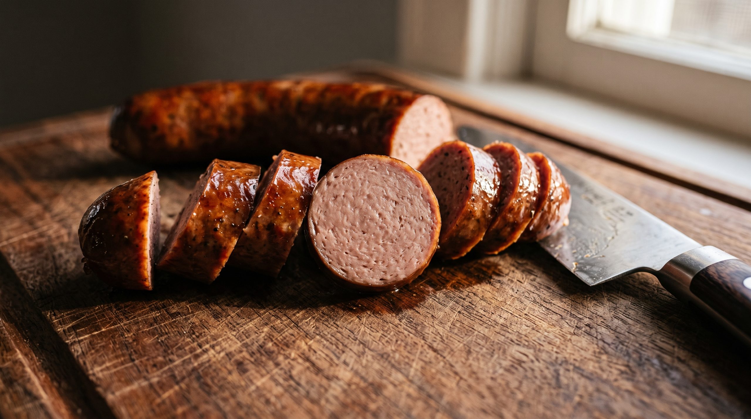 A sliced cooked sausage on a wooden board revealing a firm evenly bound interior with no gaps or water separation, demonstrating clean-label starch binding performance in meat products