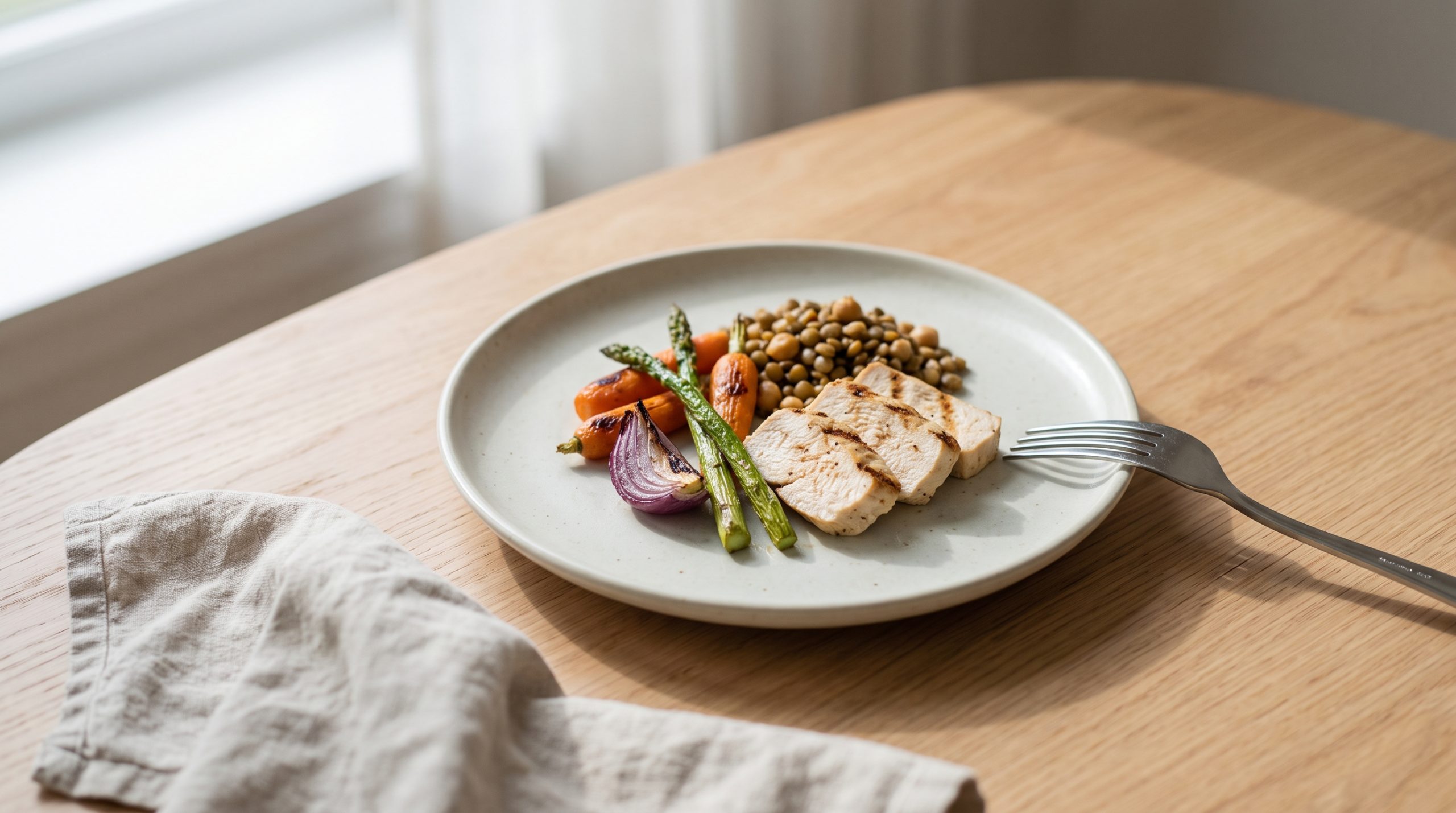 A small portioned plate of grilled protein, legumes, and roasted vegetables on a pale ceramic plate in natural daylight, representing the shift toward nutrient-dense smaller servings among appetite-modified consumers