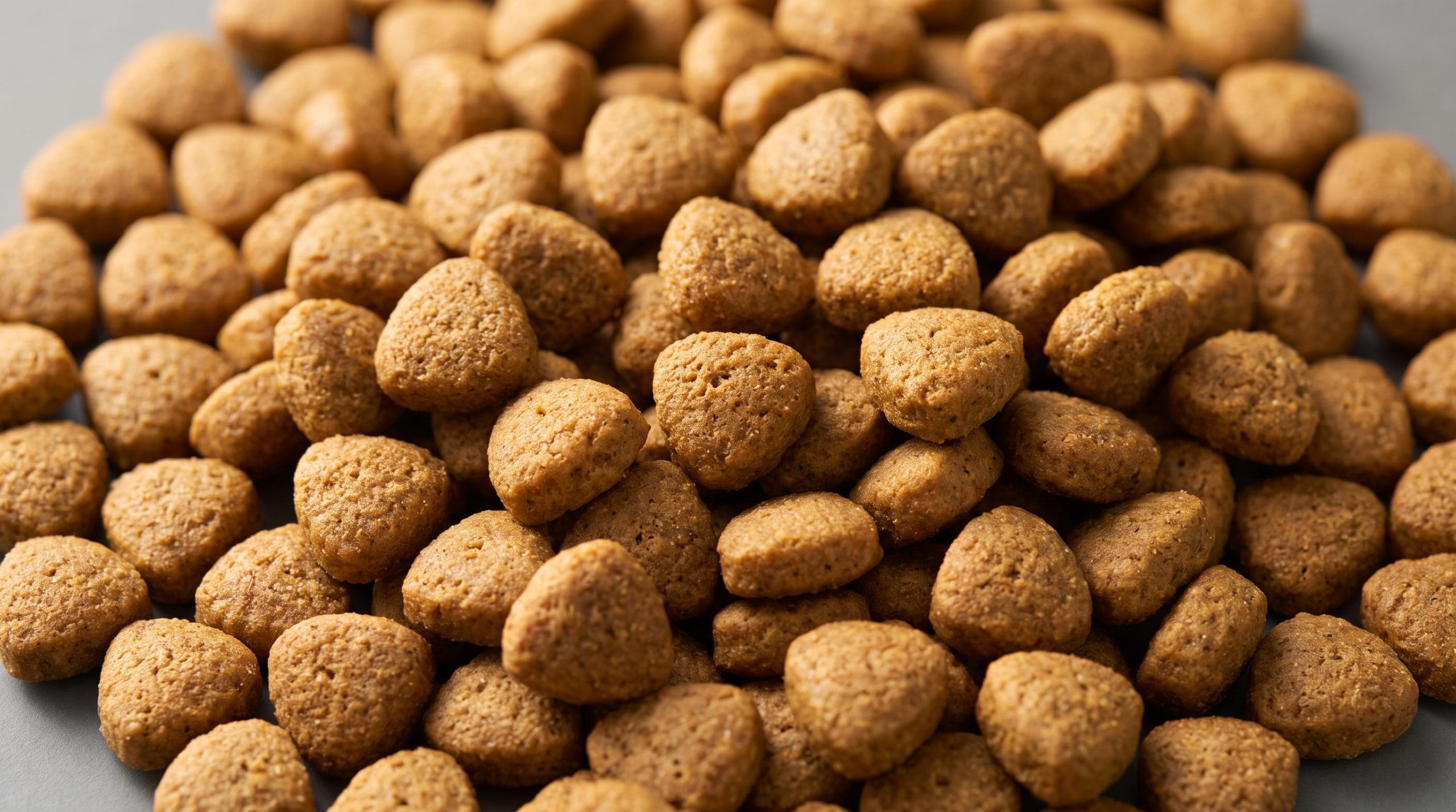 A close-up of uniform golden-brown extruded pet kibble pieces with defined edges and porous surface texture, demonstrating consistent extrusion quality in grain-free pet food production
